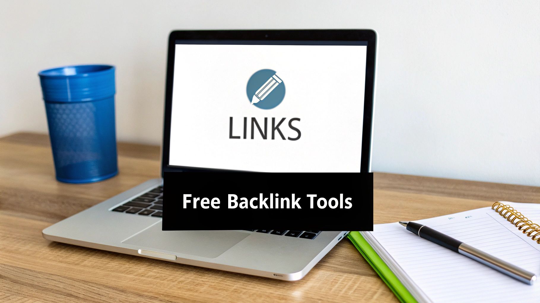 Laptop on a wooden desk displaying a 'LINKS' logo and 'Free Backlink Tools' text.
