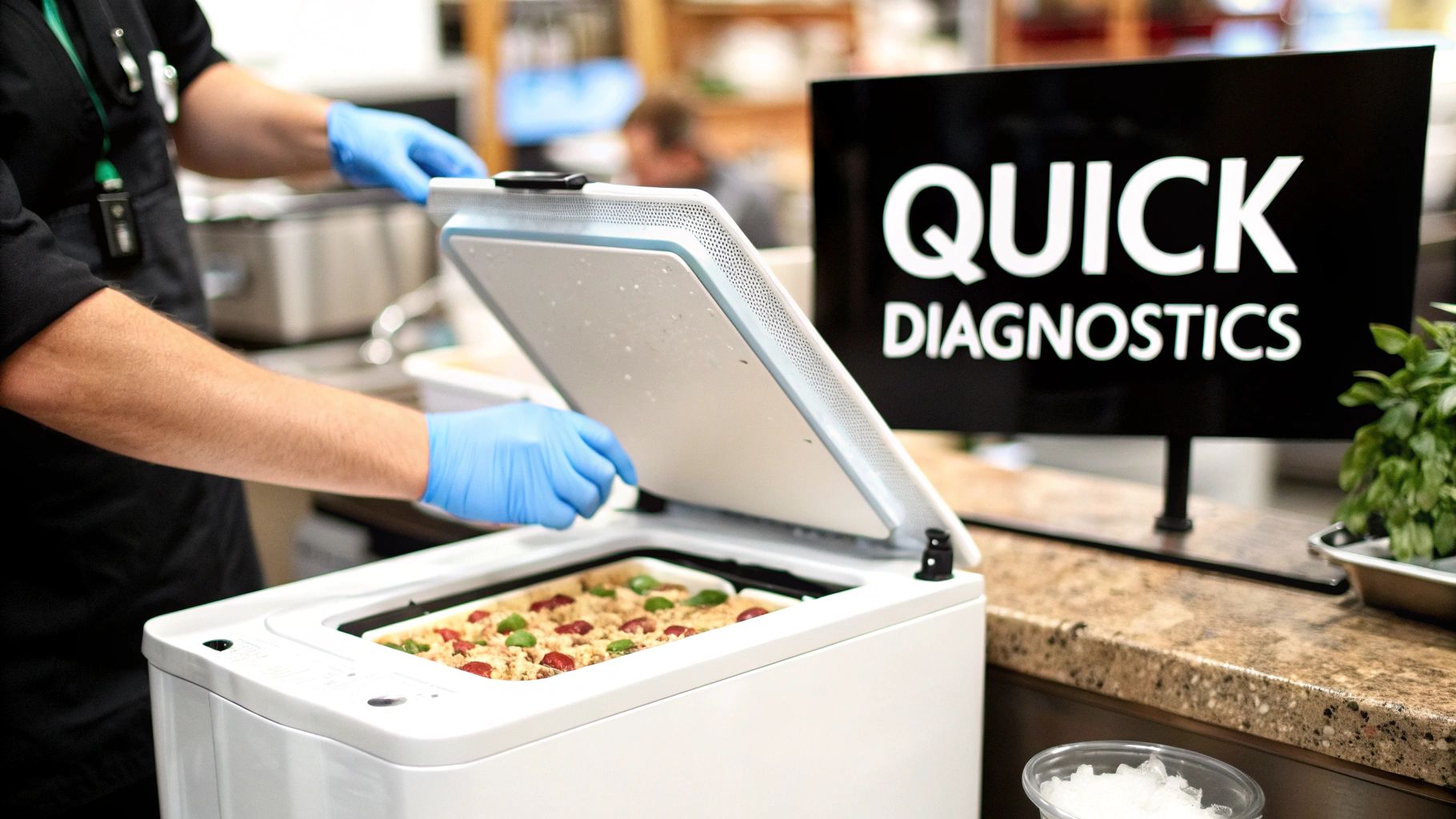 Hands in blue gloves opening a white food preparation device containing a meal with various toppings.