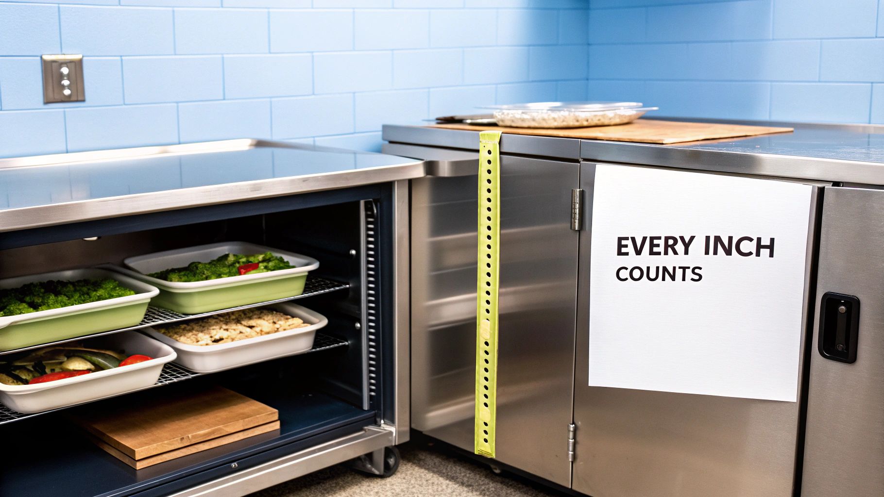 Commercial kitchen with undercounter refrigerators, food trays, and a sign emphasizing space efficiency.