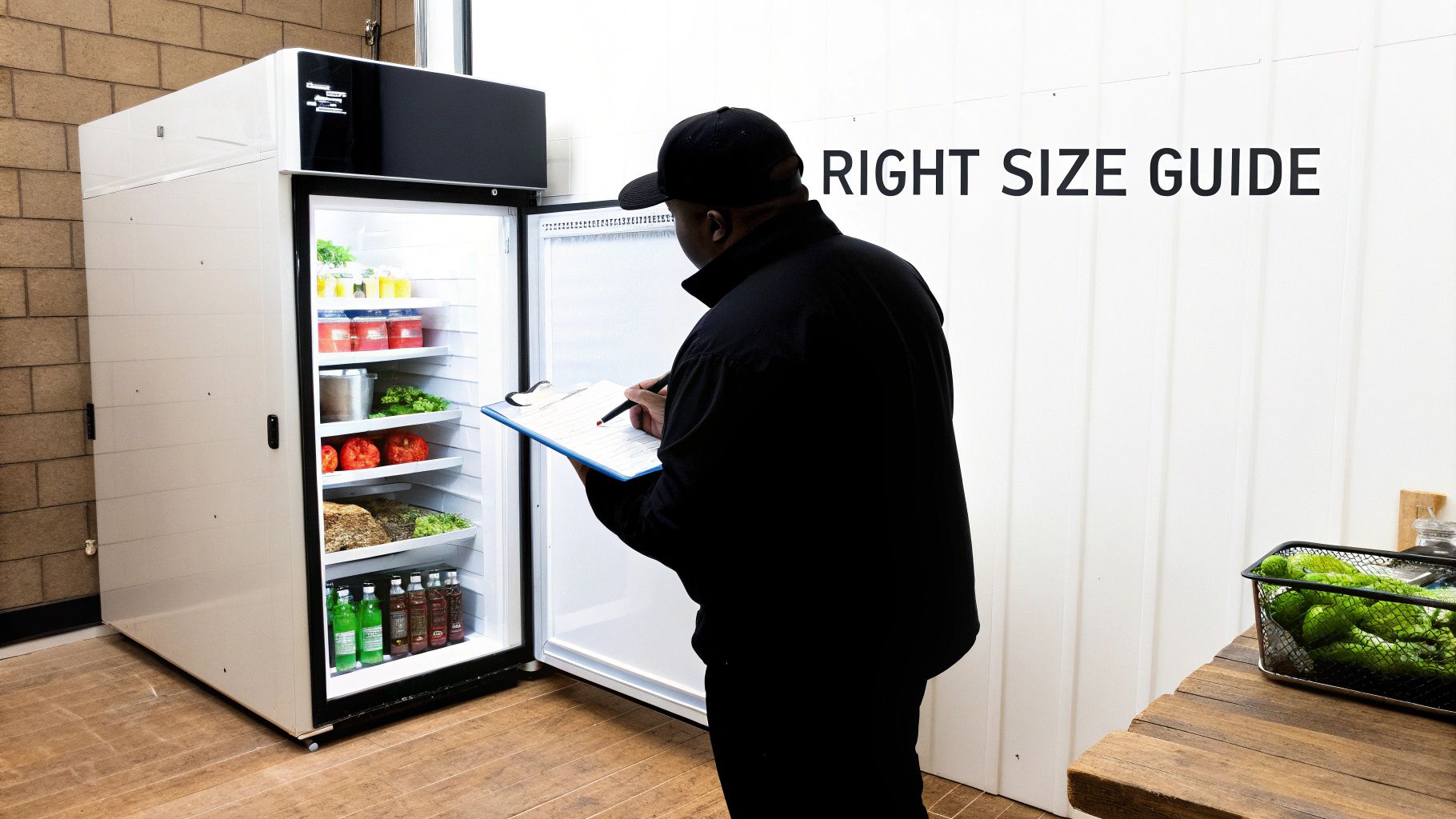 A modern commercial kitchen with stainless steel refrigerators lined up against a wall, showcasing different sizes and configurations.