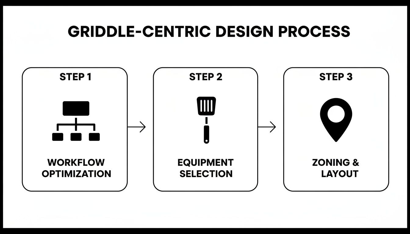 A three-step griddle-centric design process flowchart: workflow optimization, equipment selection, and zoning layout.
