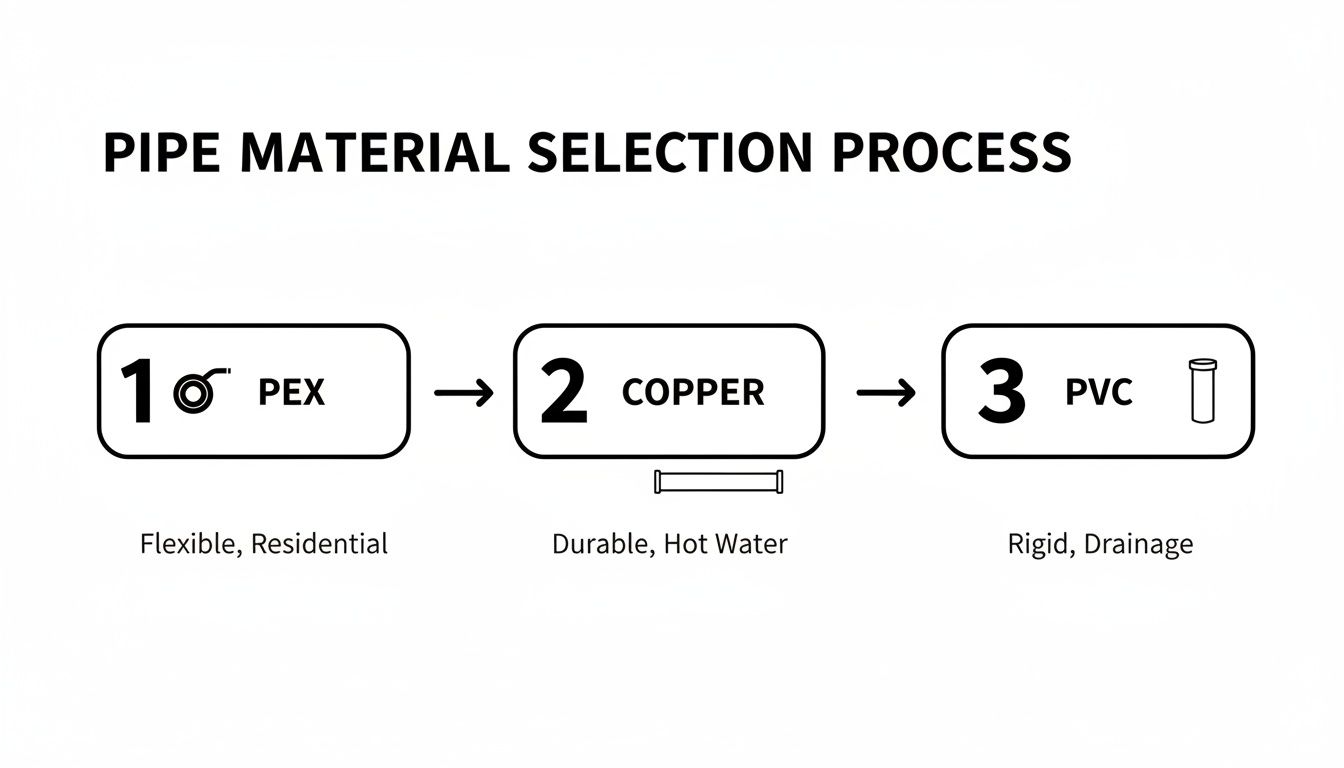 A diagram illustrating a three-step pipe material selection process: PEX, Copper, and PVC.