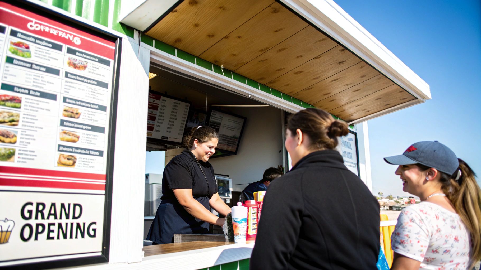 A smiling worker serves a customer at an outdoor "Grand Opening" concessions stand under a blue sky.