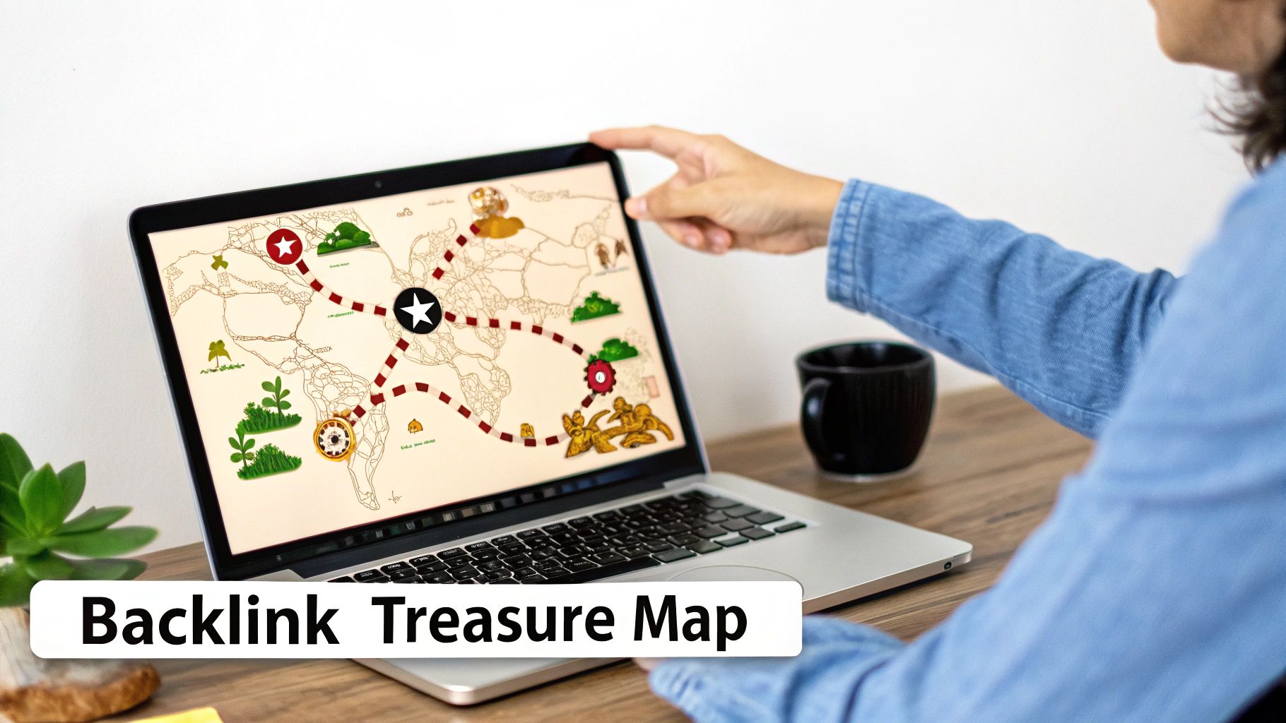 A digital map with pins representing backlinks pointing to a central website, symbolizing strategic link analysis.