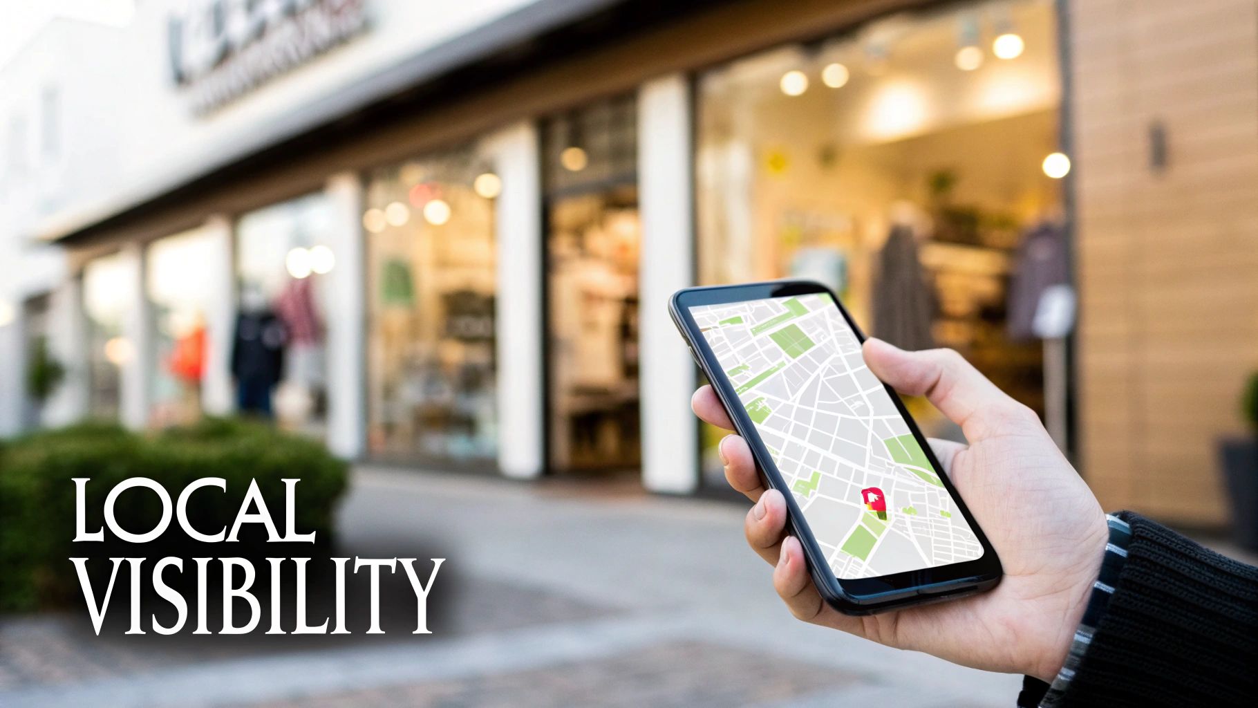 A hand holds a smartphone displaying a map with a red location pin, in front of blurred storefronts. Text: LOCAL VISIBILITY.