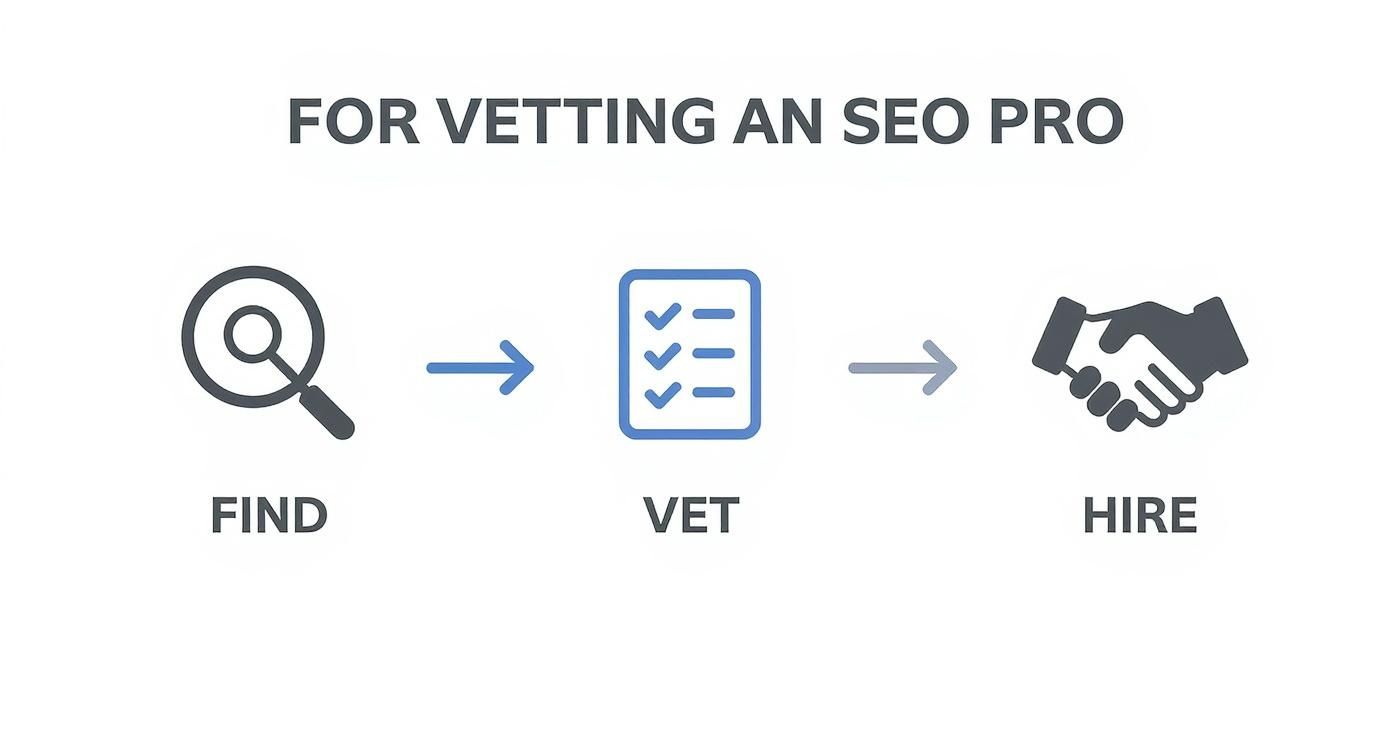 A three-step flowchart with icons detailing how to find, vet, and hire an SEO professional.