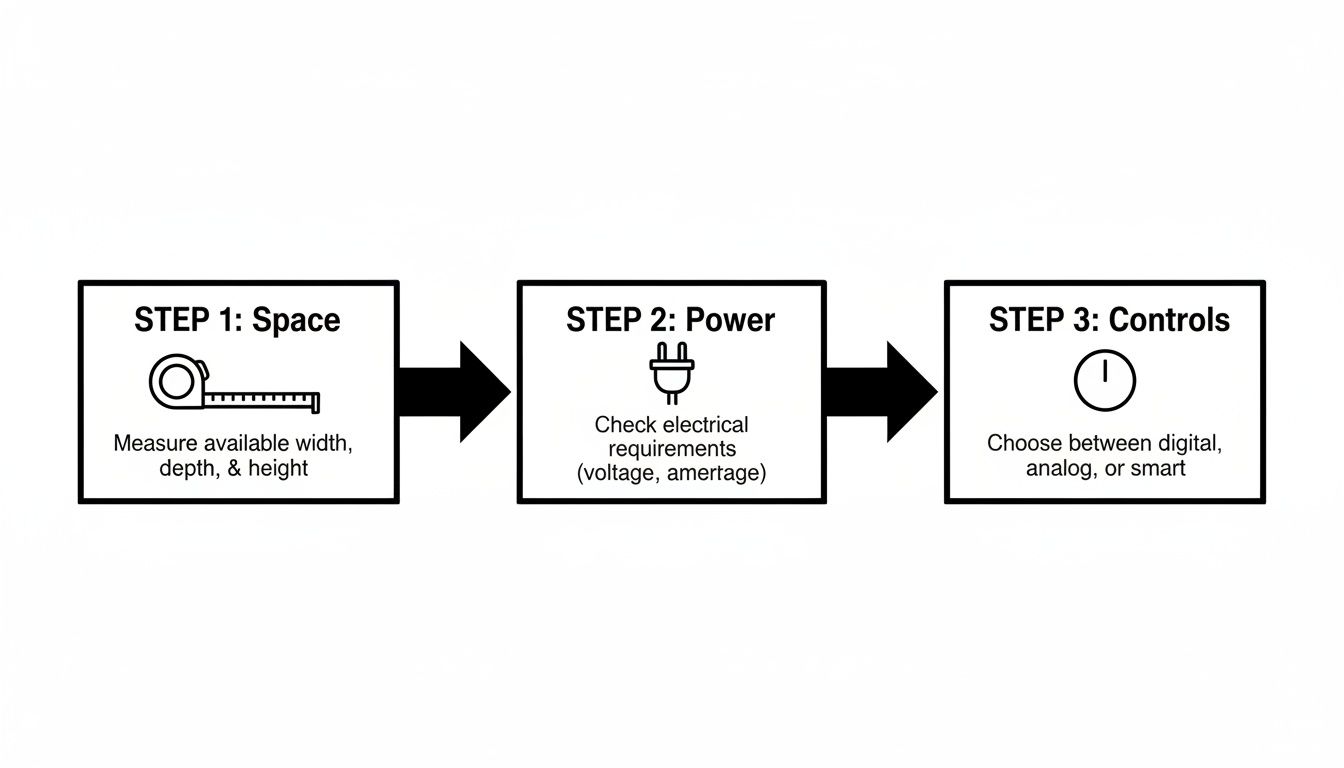 A three-step guide showing how to plan for an appliance: space, power, and controls.