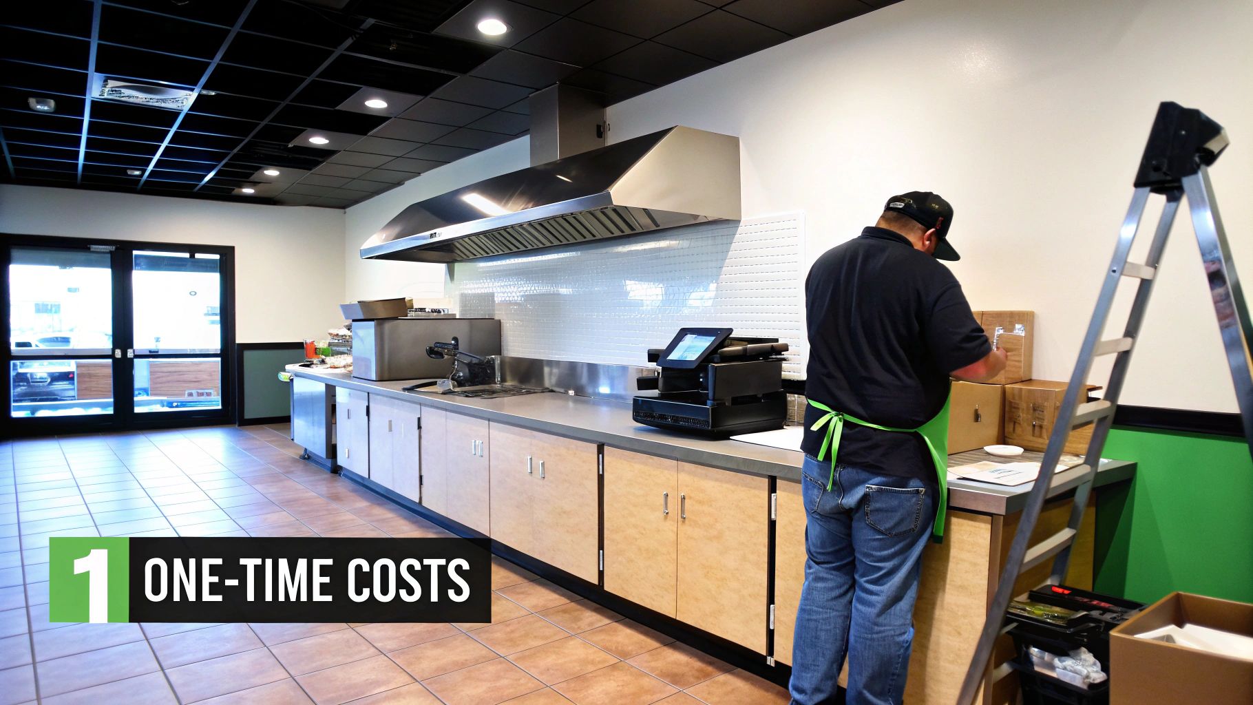 A person in an apron sets up kitchen equipment and boxes in a new restaurant, illustrating one-time startup costs.