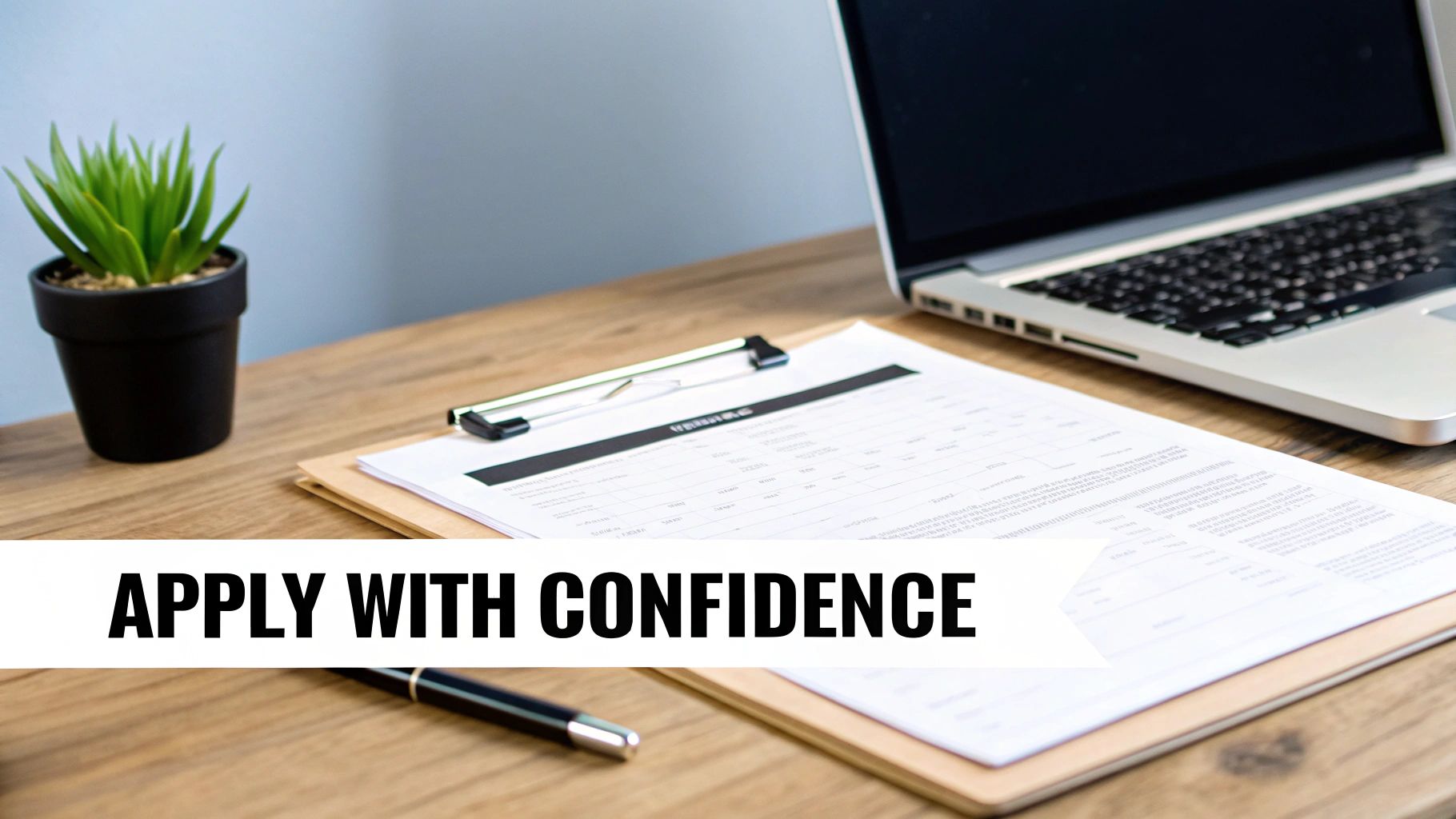 A professional desk setup featuring a laptop, plant, document on a clipboard, and a pen with text 'APPLY WITH CONFIDENCE'.