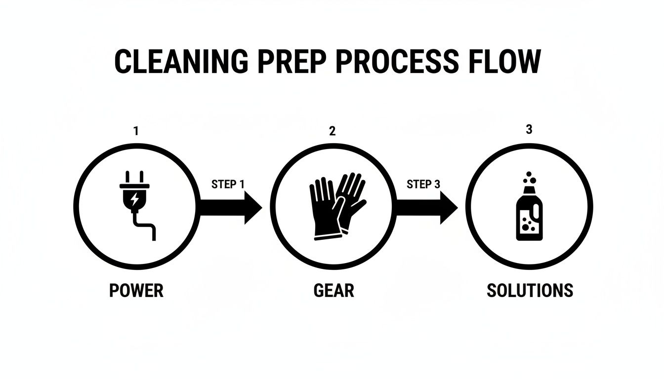 Flowchart illustrating a cleaning prep process with steps for power, gear, and solutions.