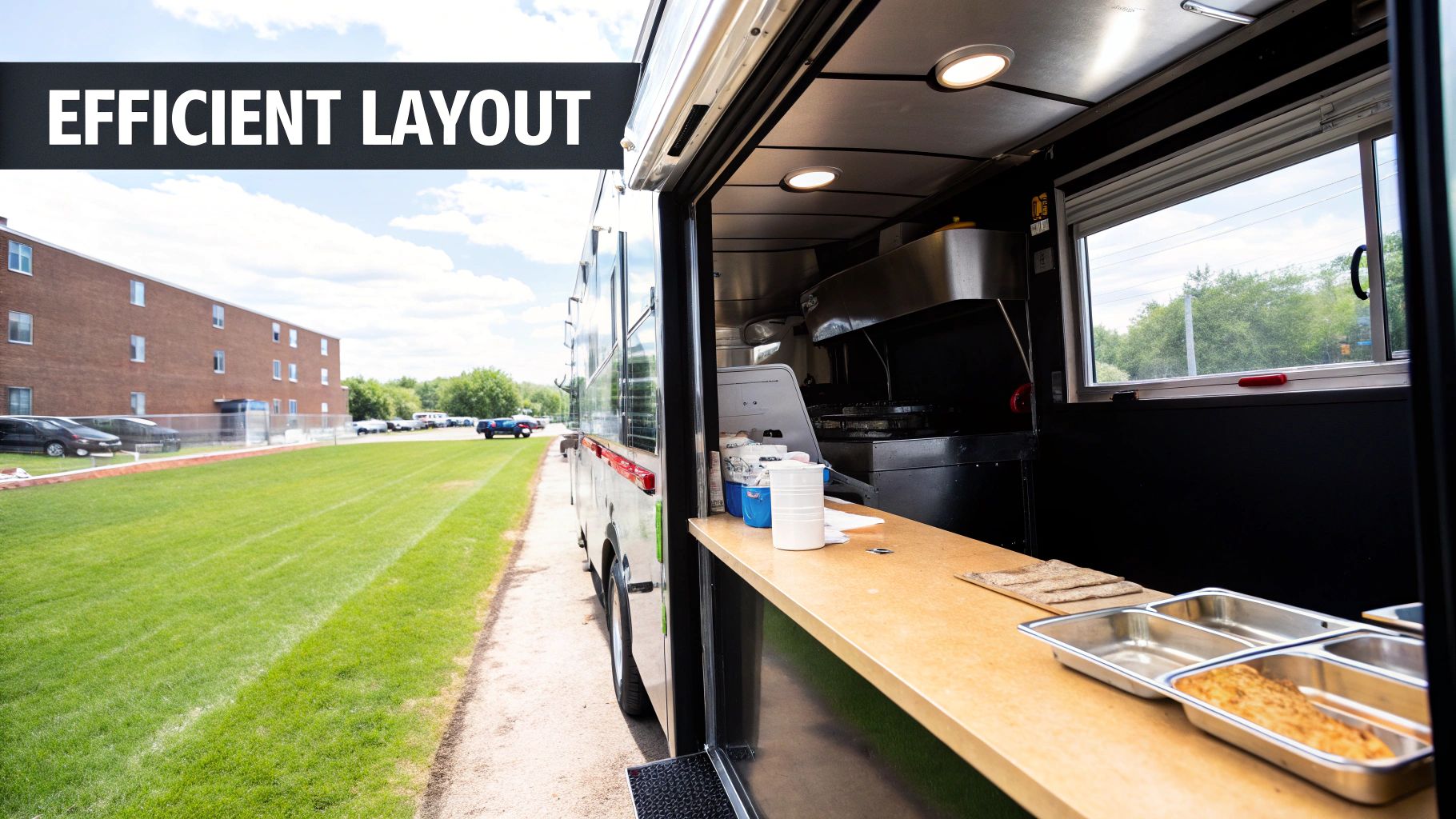 A food truck's open serving window reveals an efficient kitchen layout with cooking equipment and food trays, set outdoors.