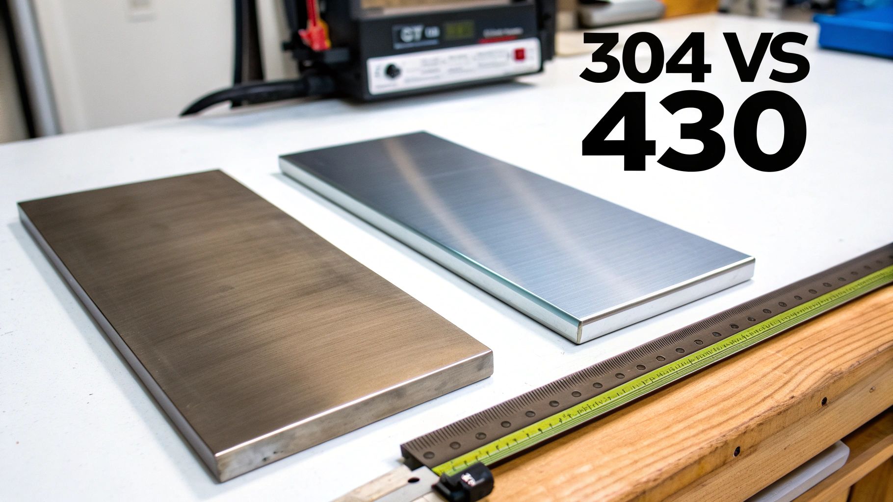 Two rectangular stainless steel plates, one brushed and one polished, on a white table with '304 VS 430' text.
