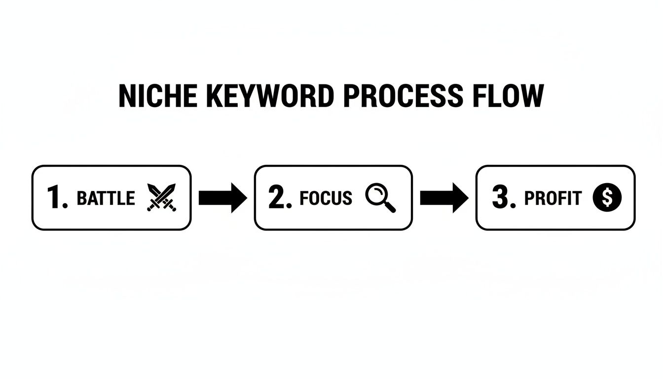 A flowchart illustrating the Niche Keyword Process Flow: Battle, Focus, and Profit steps.