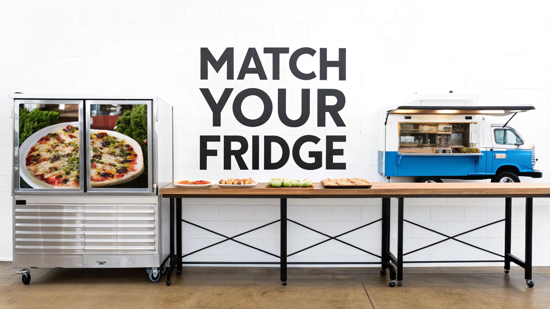 A commercial fridge displaying pizza, a food truck, and various dishes on a table under 'MATCH YOUR FRIDGE' text.