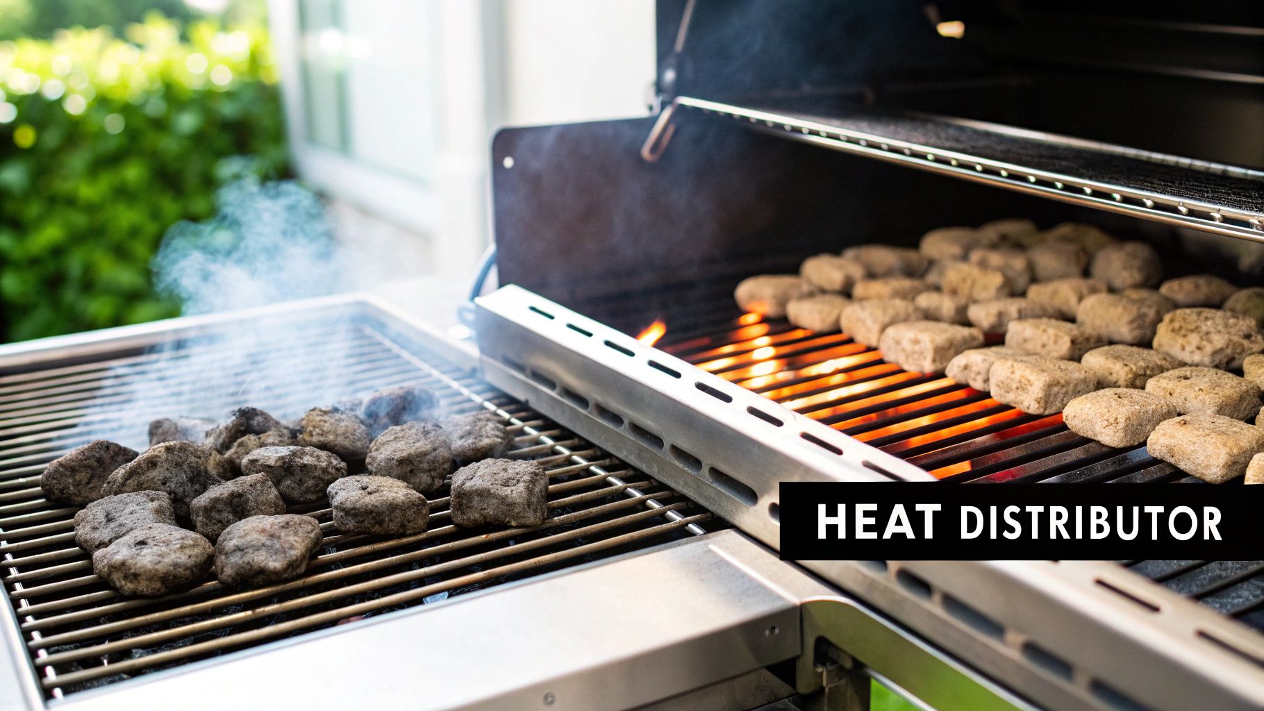 A close-up of a commercial charbroiler with glowing ceramic briquettes providing even heat.