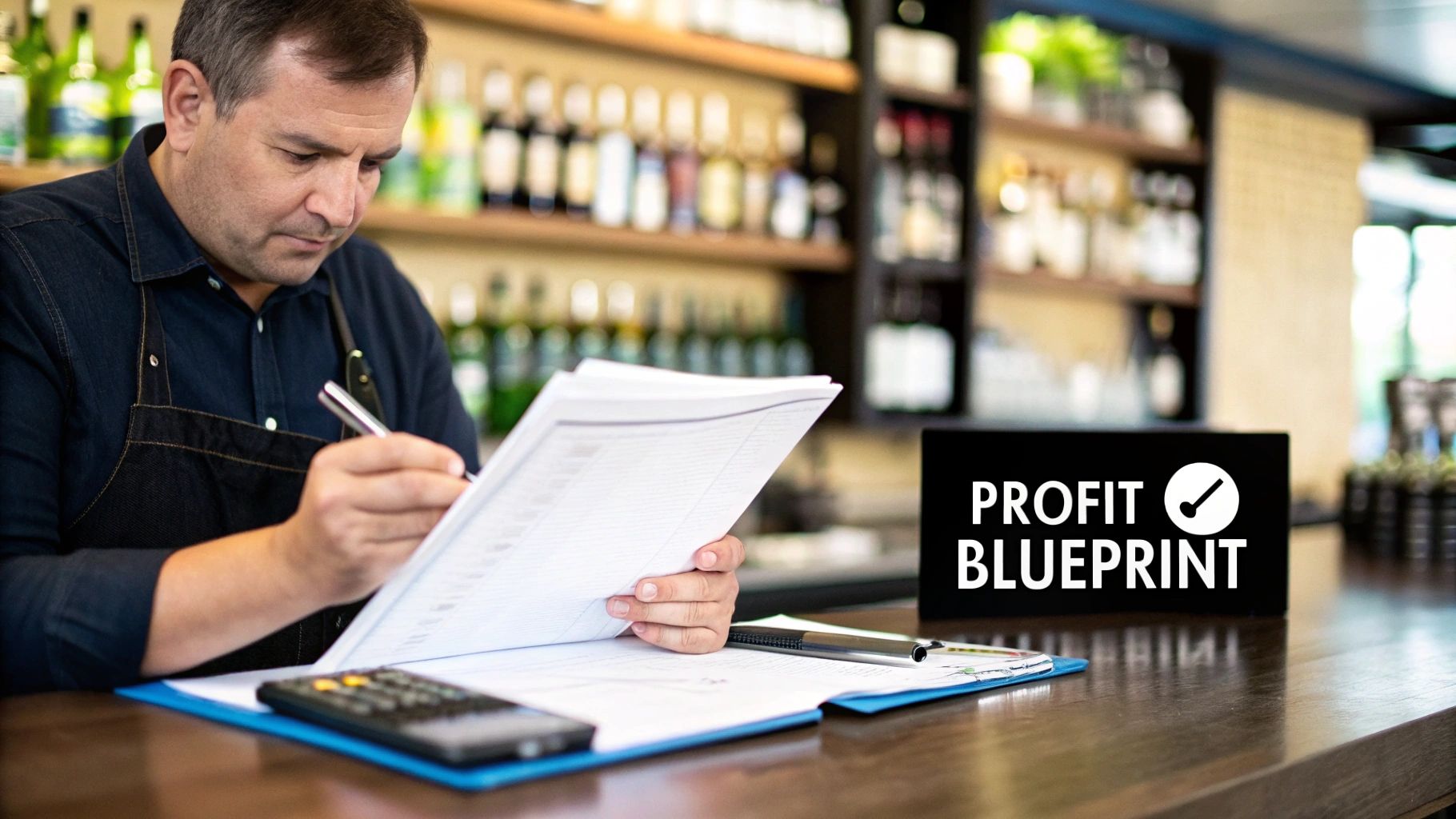 A bar owner in an apron diligently reviews documents and calculates finances, with a "Profit Blueprint" sign on the counter.