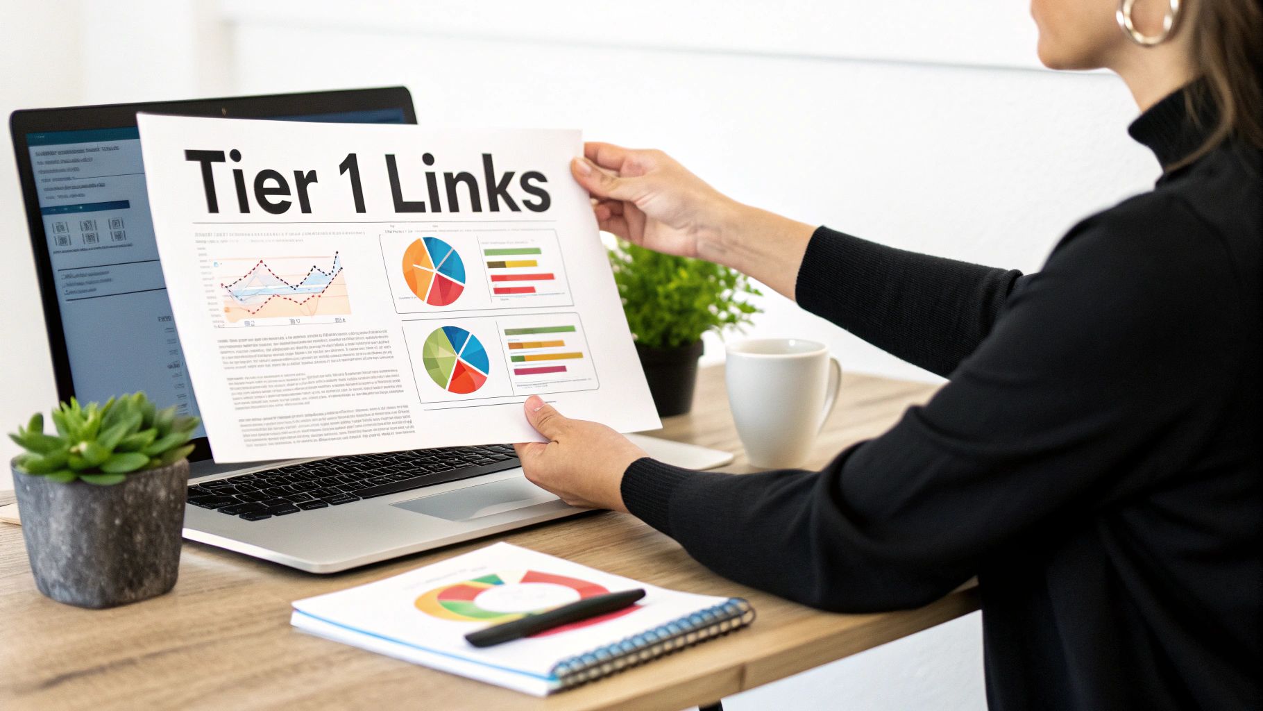 A person reviews a document titled 'Tier 1 Links' with charts and graphs at a desk.