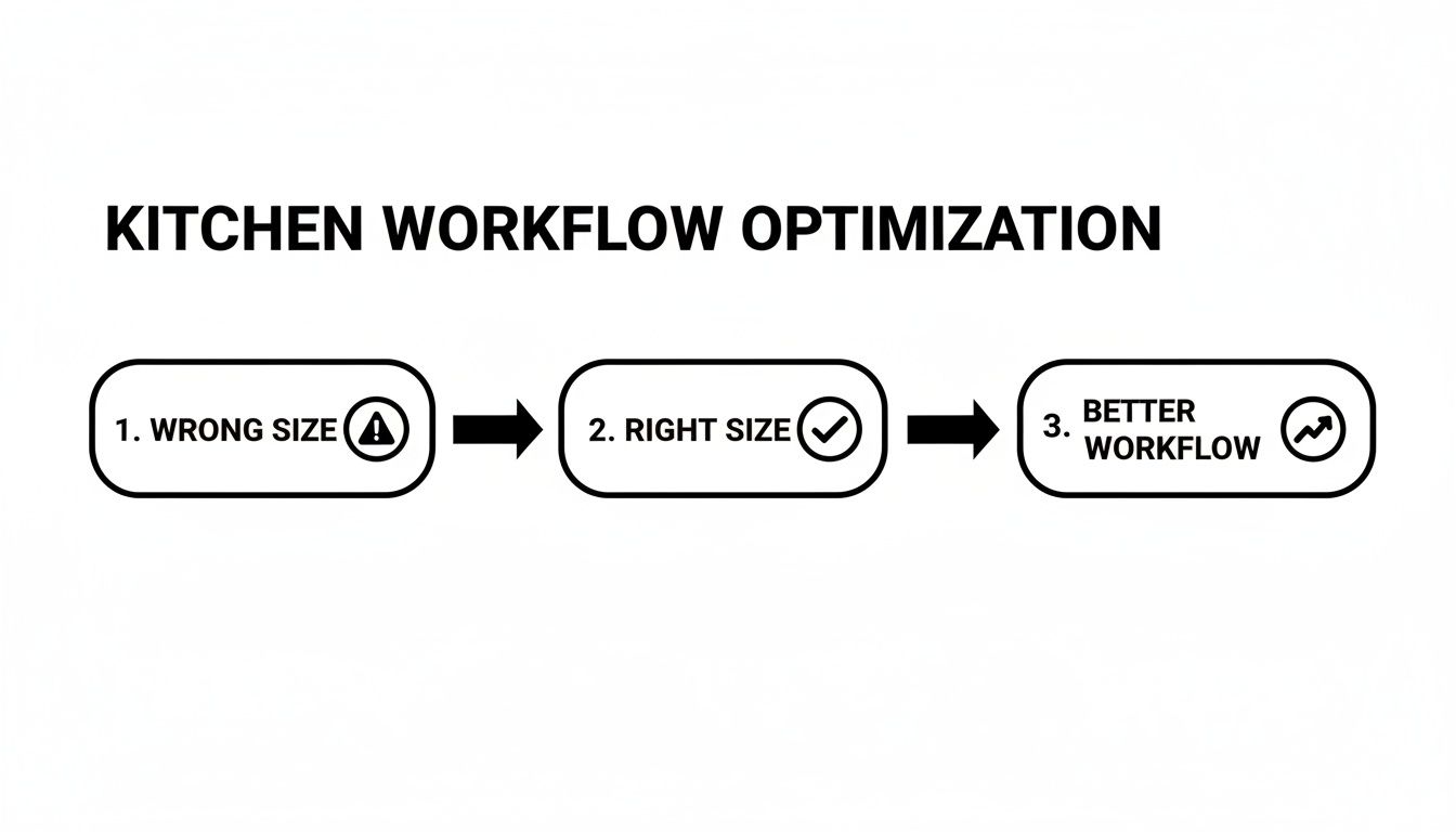 A black and white diagram illustrates kitchen workflow optimization, progressing from wrong size to right size for better efficiency.