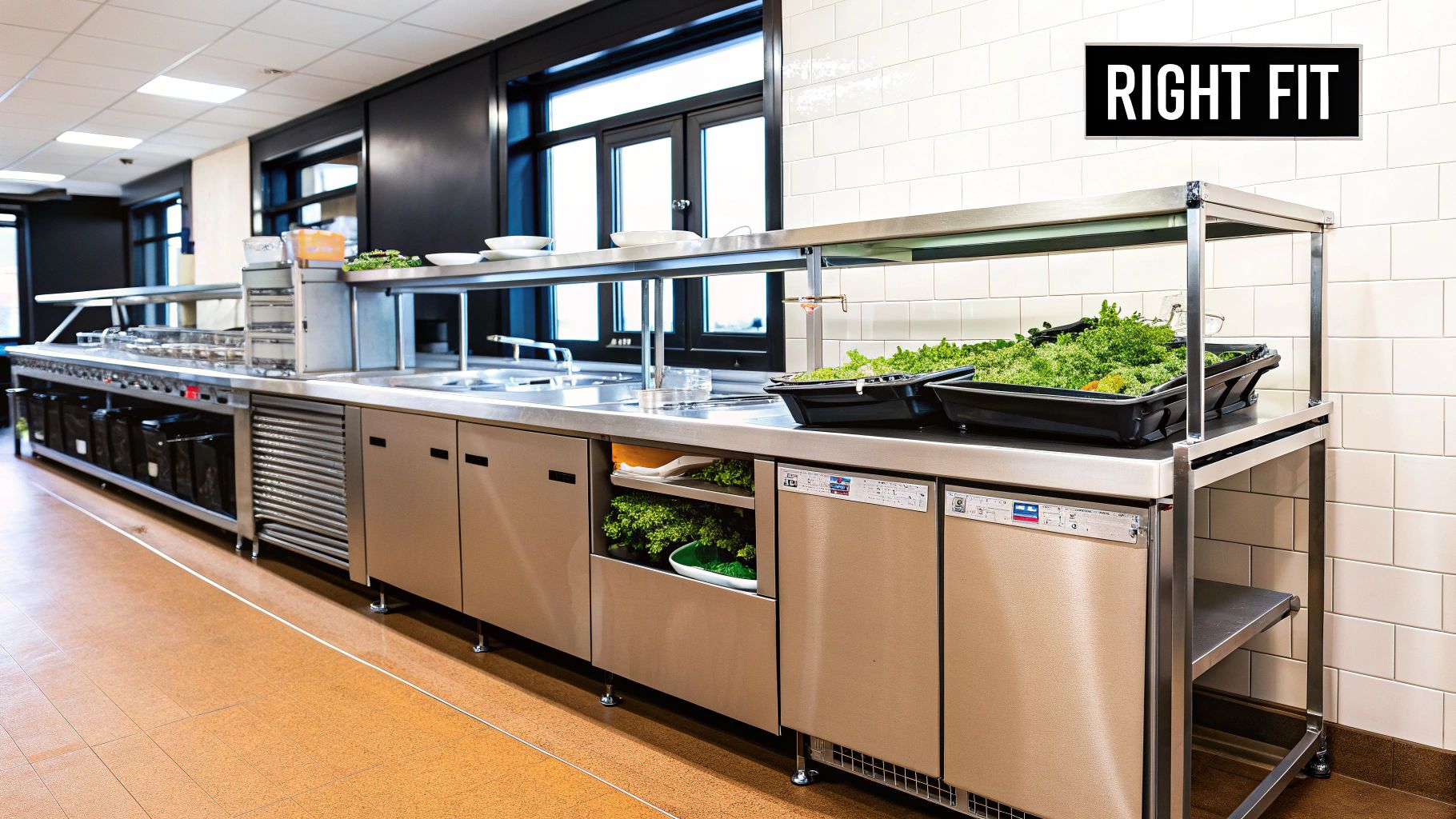 A commercial kitchen with stainless steel equipment and a large dishwasher