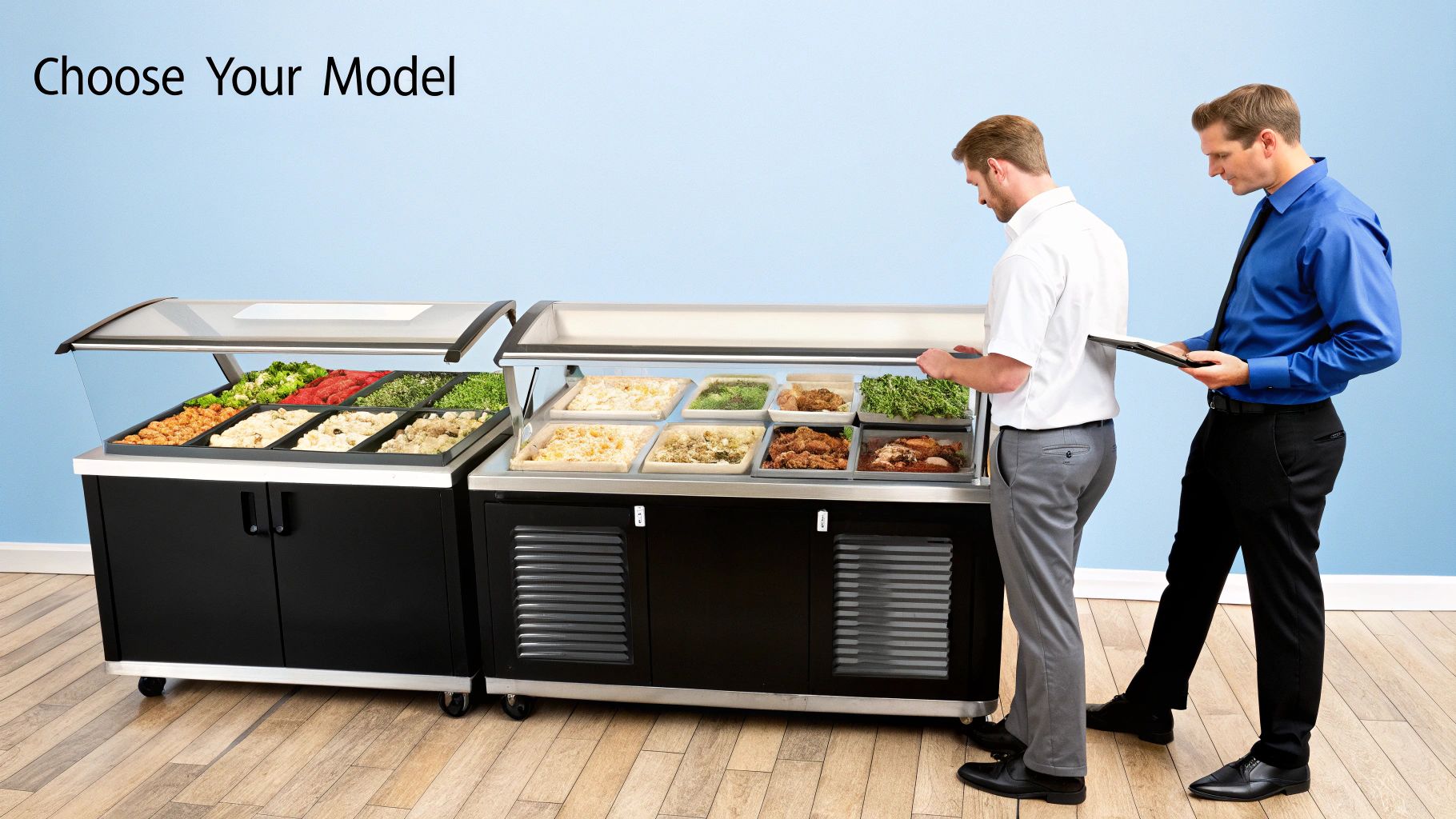 A chef at a deli assembles a sandwich on a stainless steel refrigerated prep table filled with fresh ingredients.