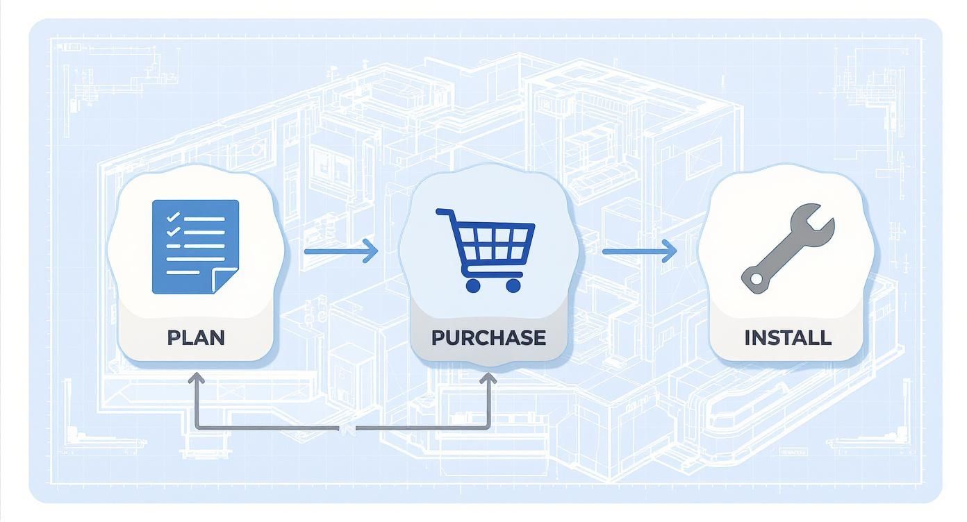 A three-step process diagram: Plan, Purchase, and Install with icons and feedback loops.