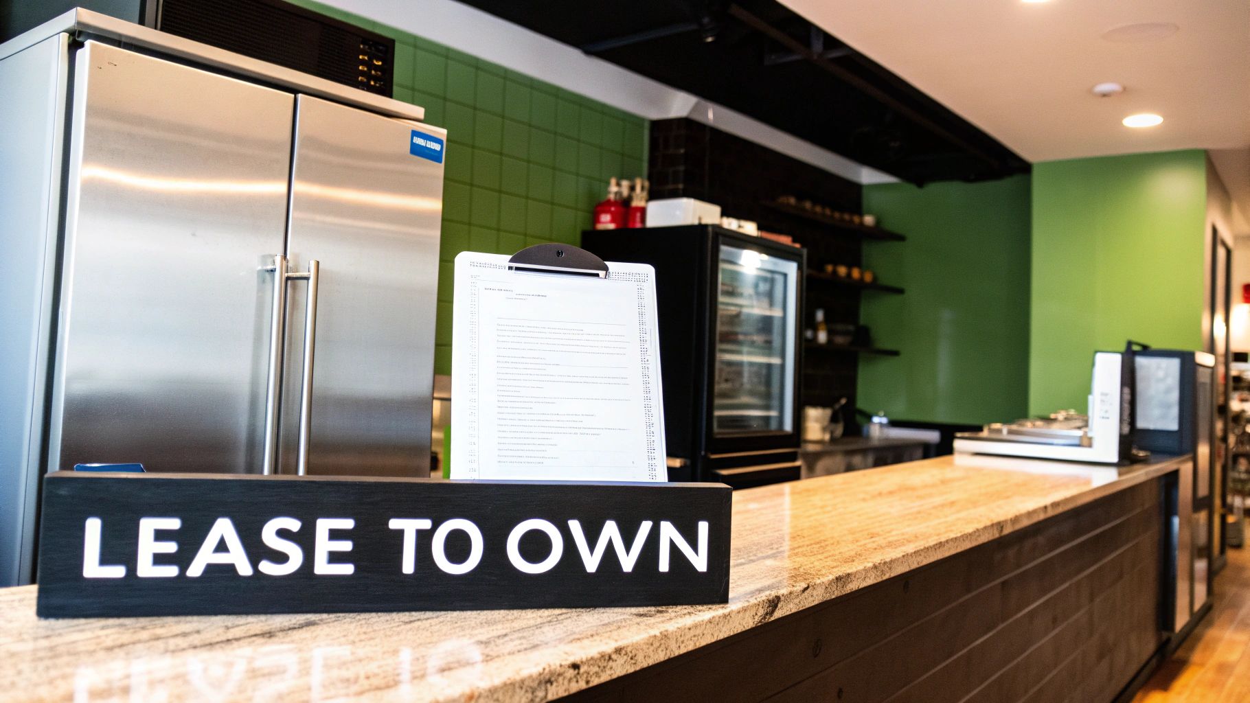 A 'Lease to Own' sign sits on a granite counter in a modern restaurant or commercial kitchen.
