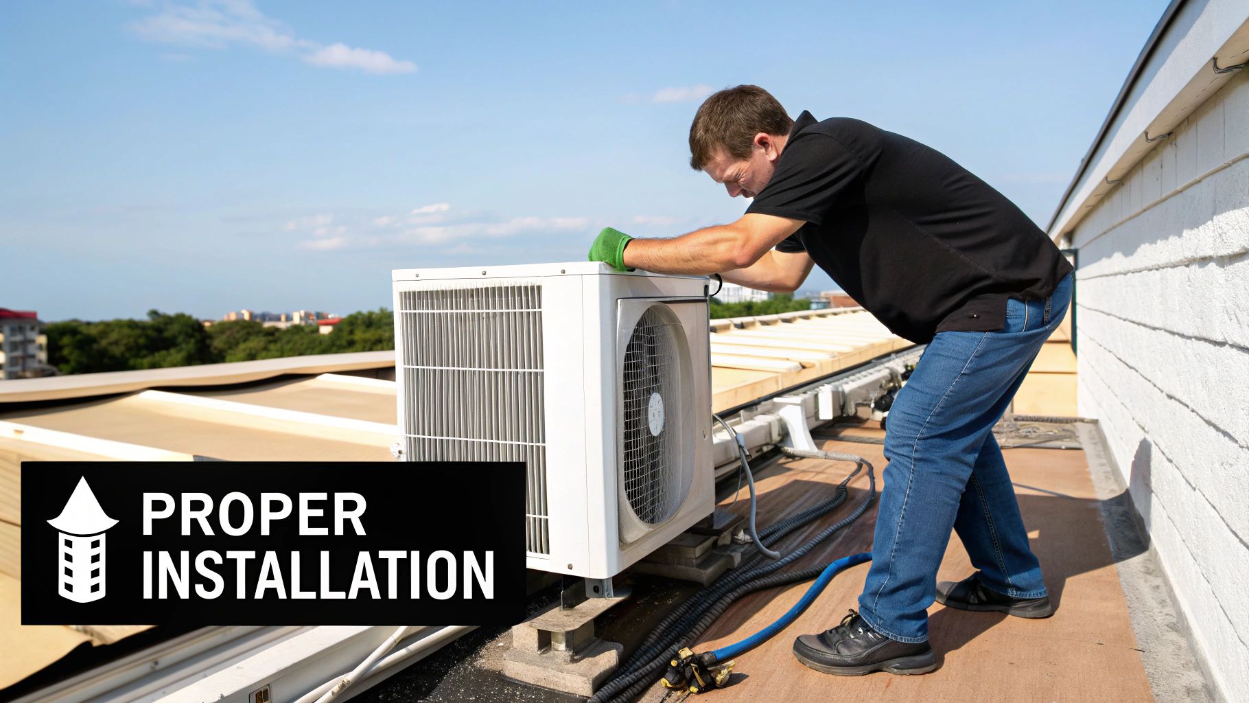 A technician in green gloves installs an outdoor air conditioning unit on a commercial building rooftop.