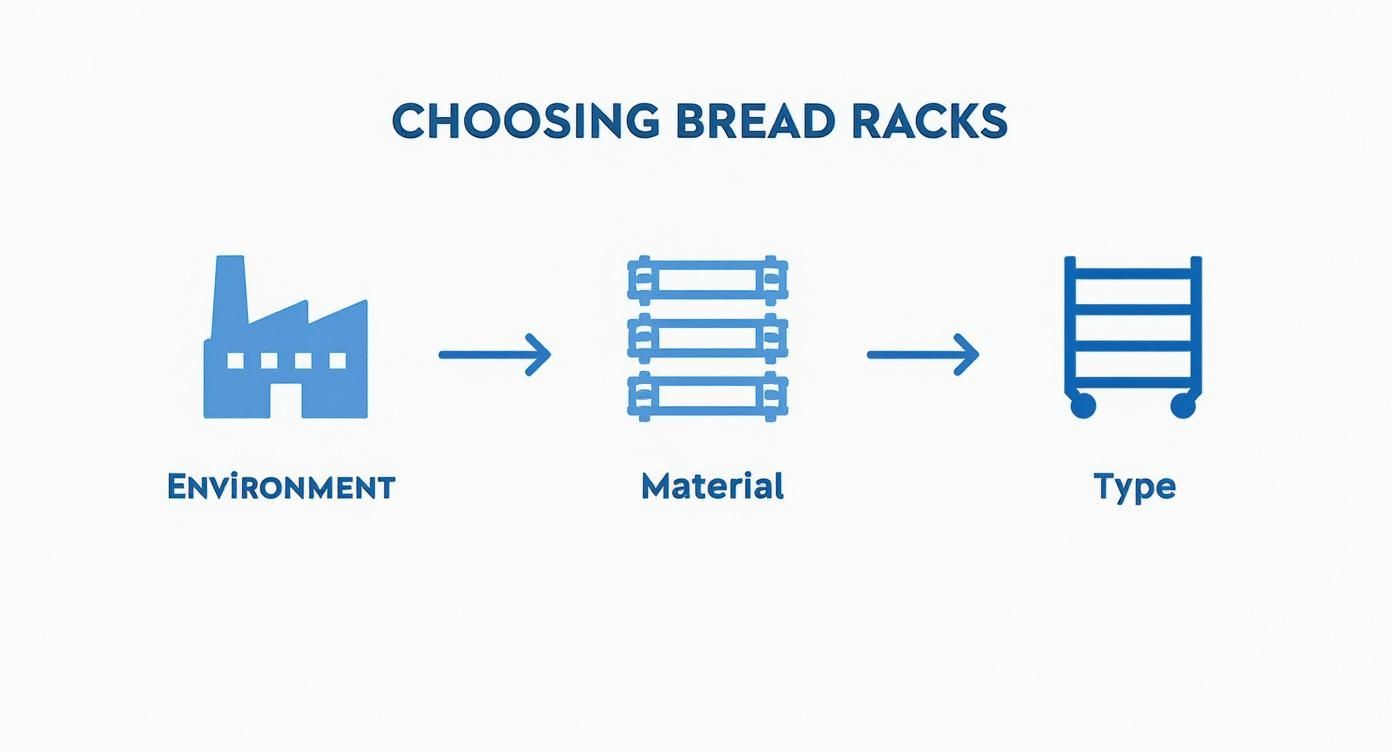 Infographic showing three factors for choosing bread racks: environment, material, and type with icons