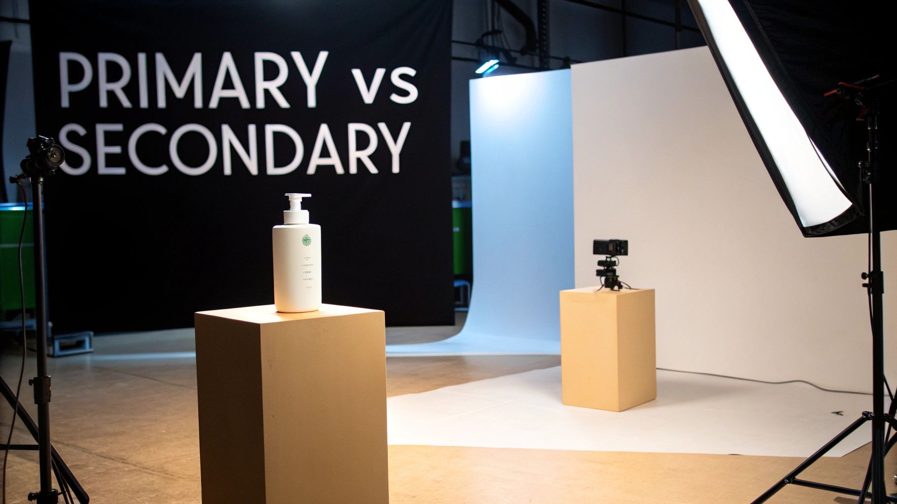 Product photography studio with a white bottle on a pedestal, a 'PRIMARY vs SECONDARY' backdrop, and camera.