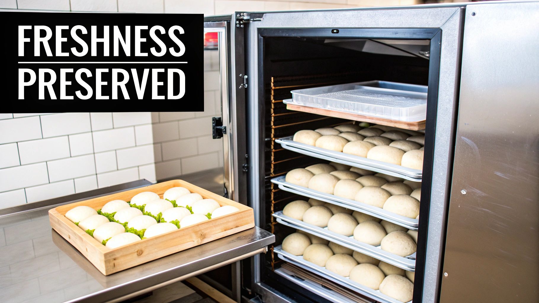 A well-organized pizza prep table in a commercial kitchen, showcasing fresh ingredients.