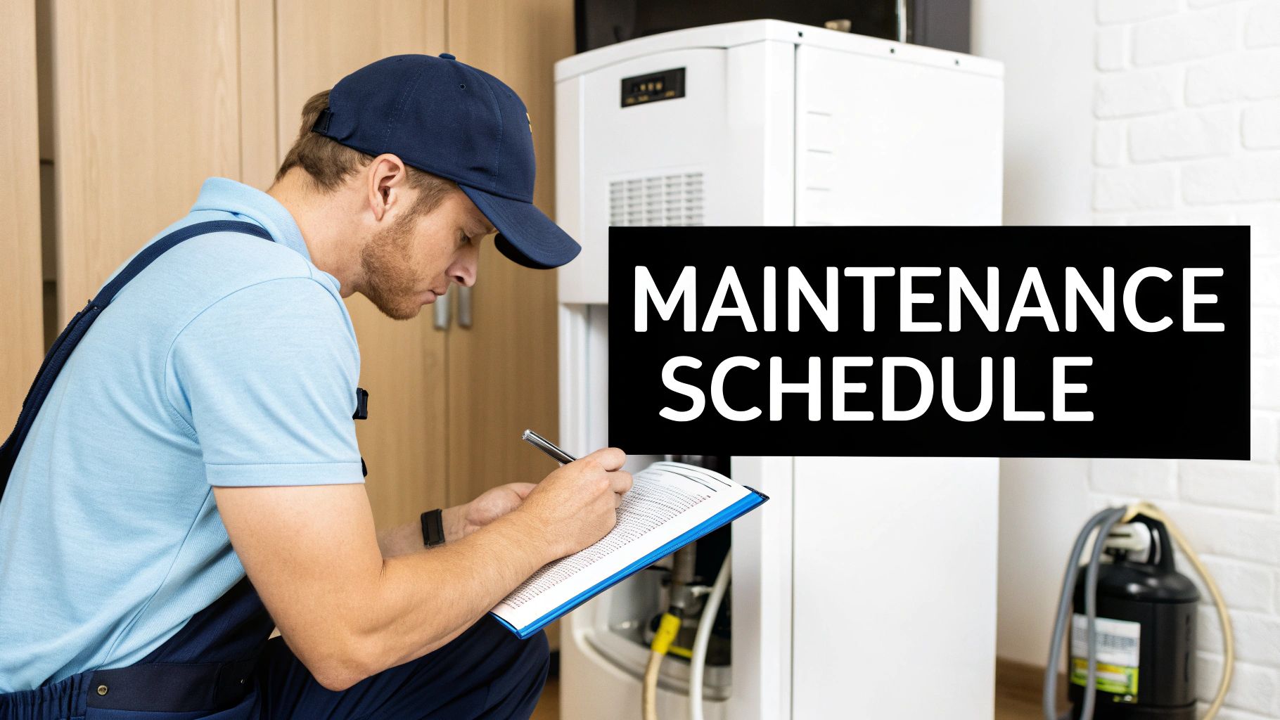A technician in a blue uniform writes on a clipboard next to a white ice machine with a 'MAINTENANCE SCHEDULE' sign.