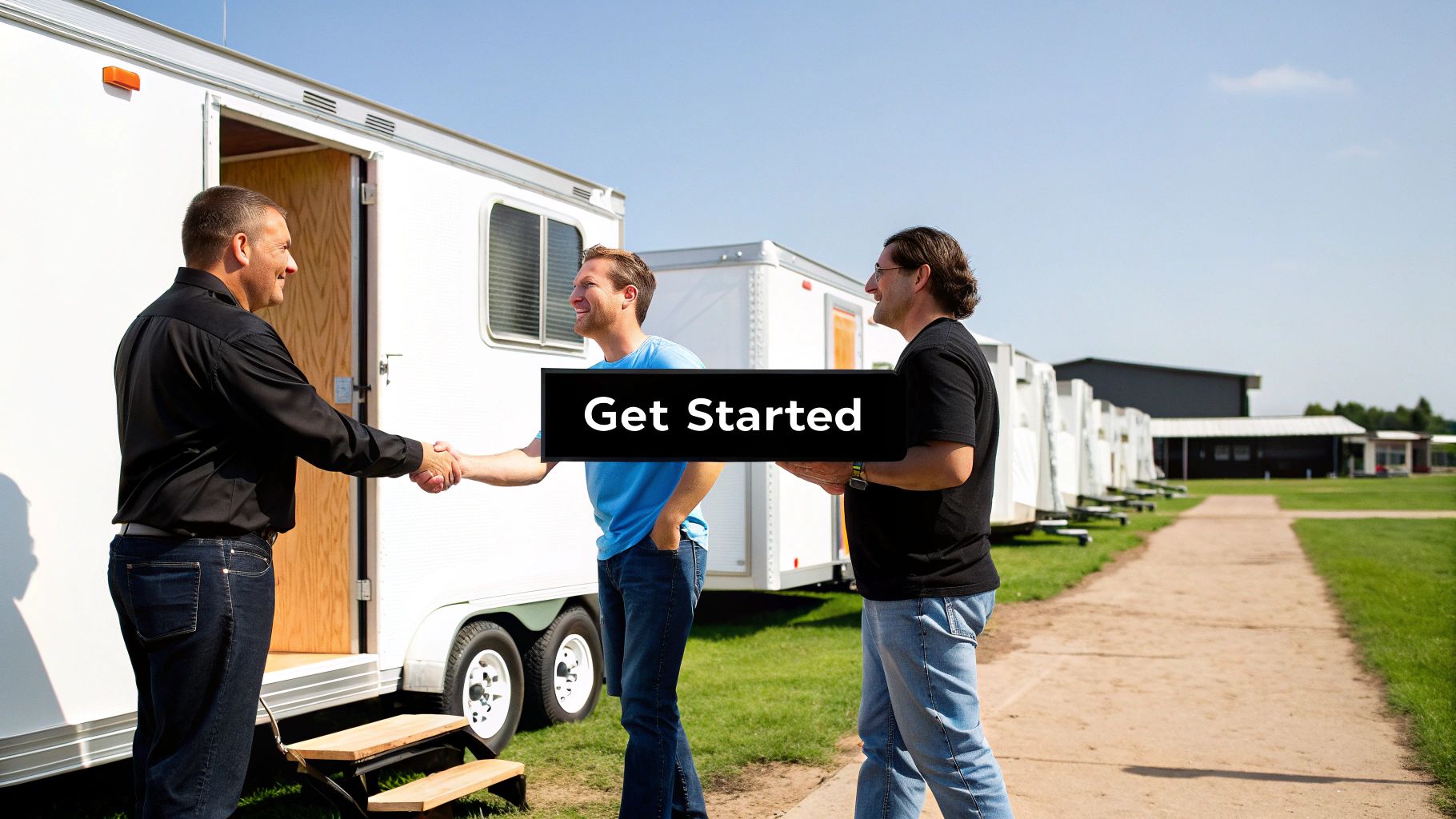 Three men shaking hands outside white concession trailers under a clear sky, with a 'Get Started' overlay.