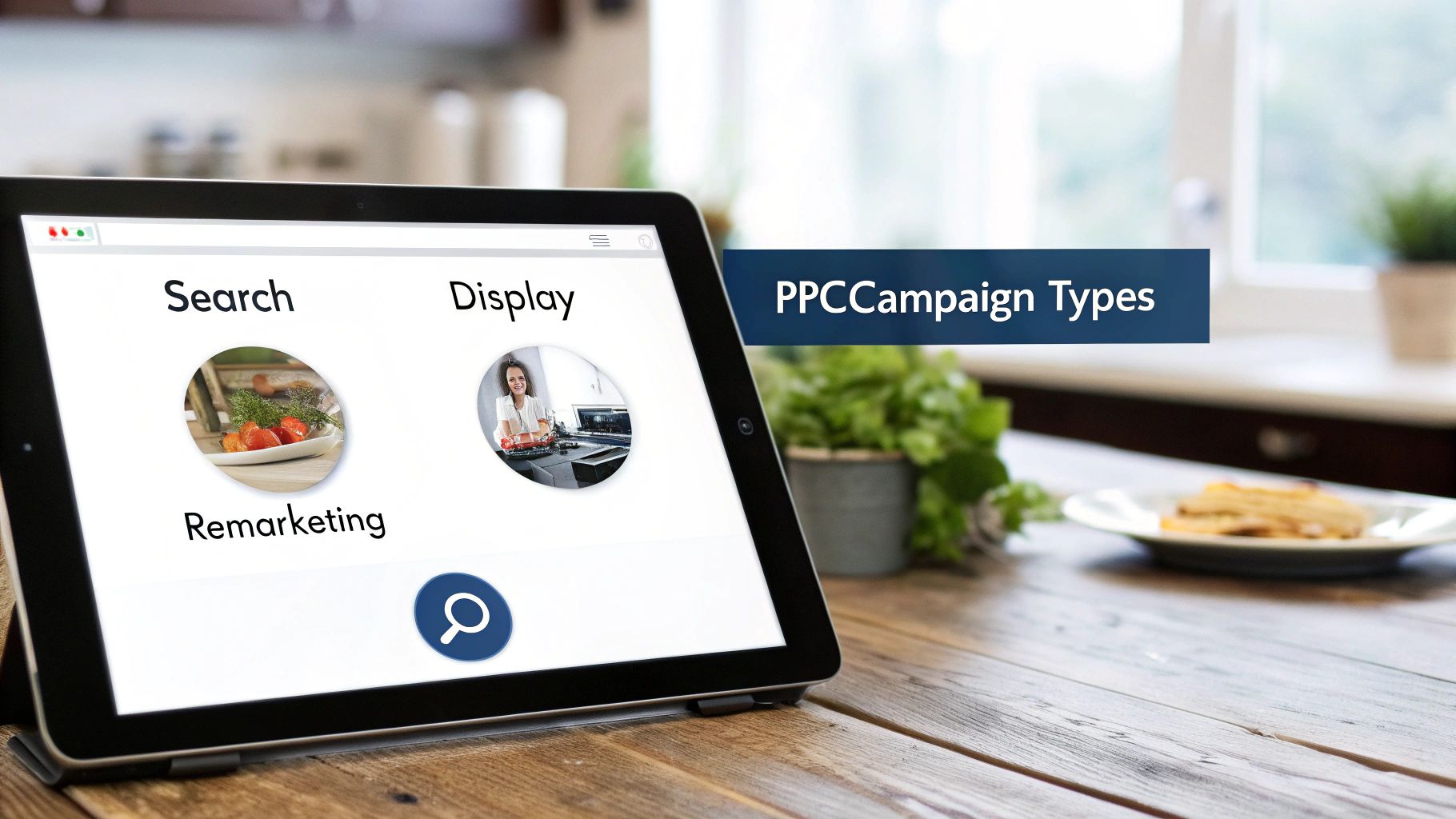 A tablet displays different PPC campaign types: Search, Display, and Remarketing, on a wooden table.