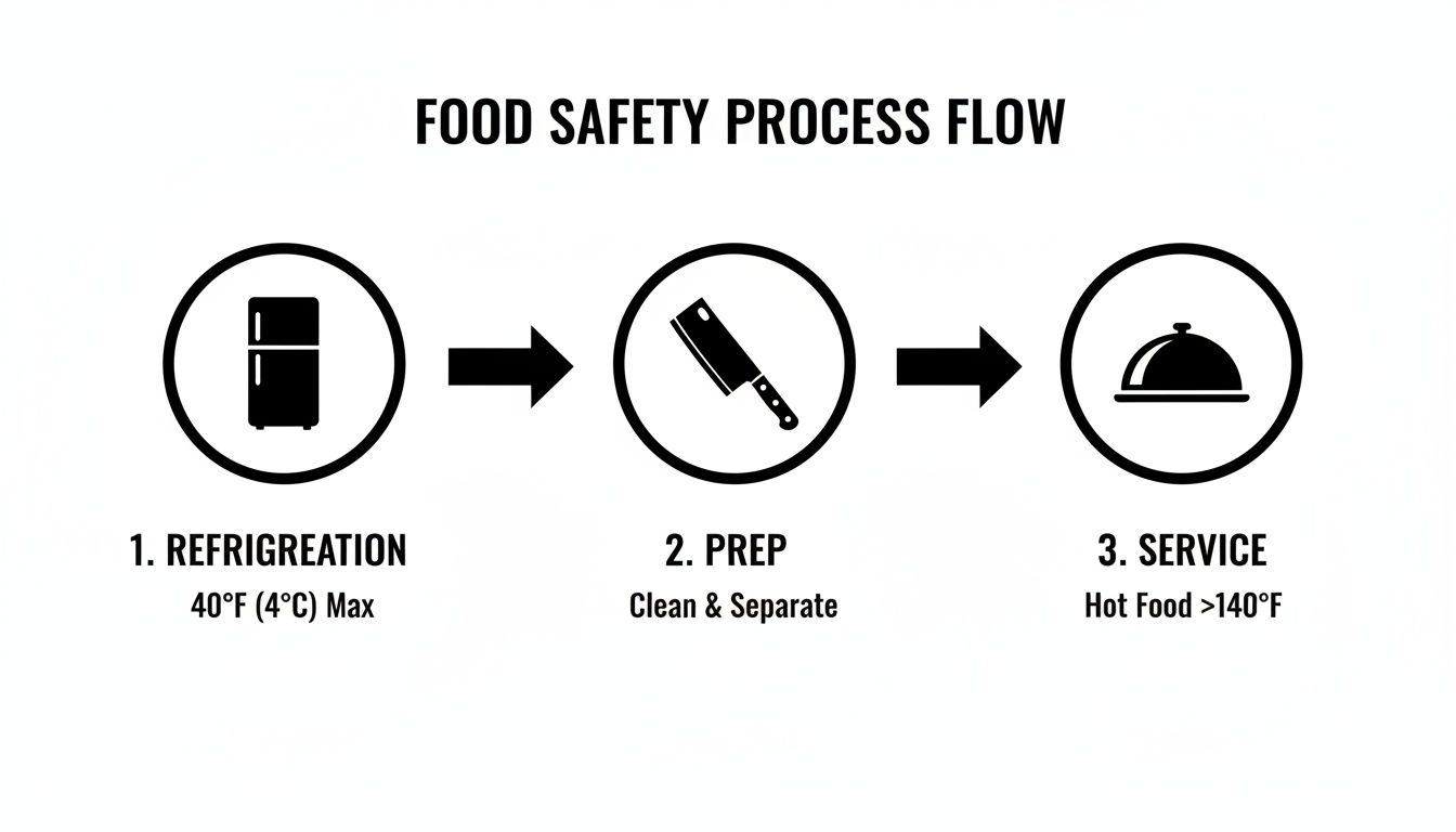 Flowchart illustrating key food safety steps for food handling: refrigeration, preparation, and hot serving.