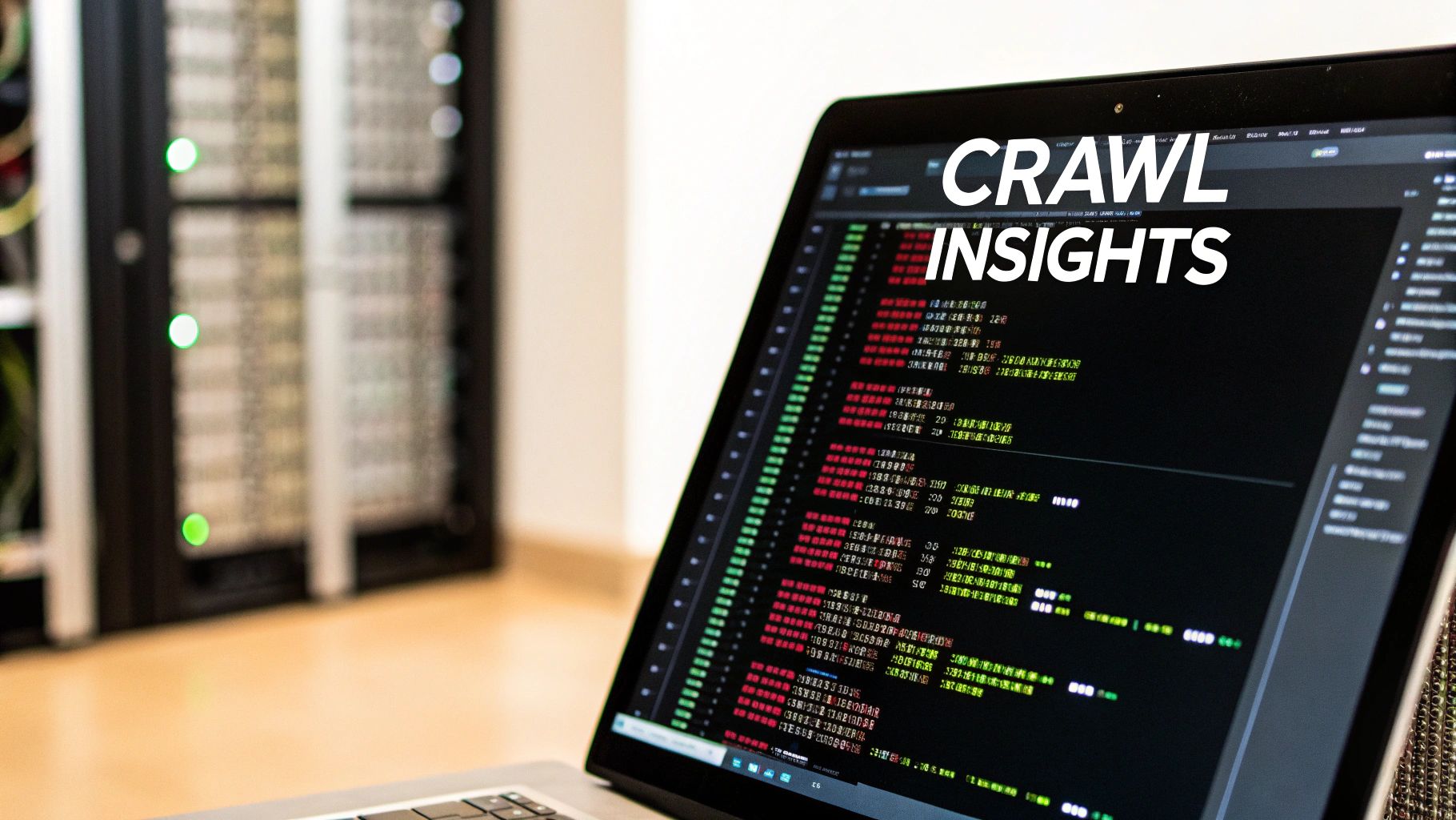 A laptop screen displays data and code with 'CRAWL INSIGHTS' text, in a server room.