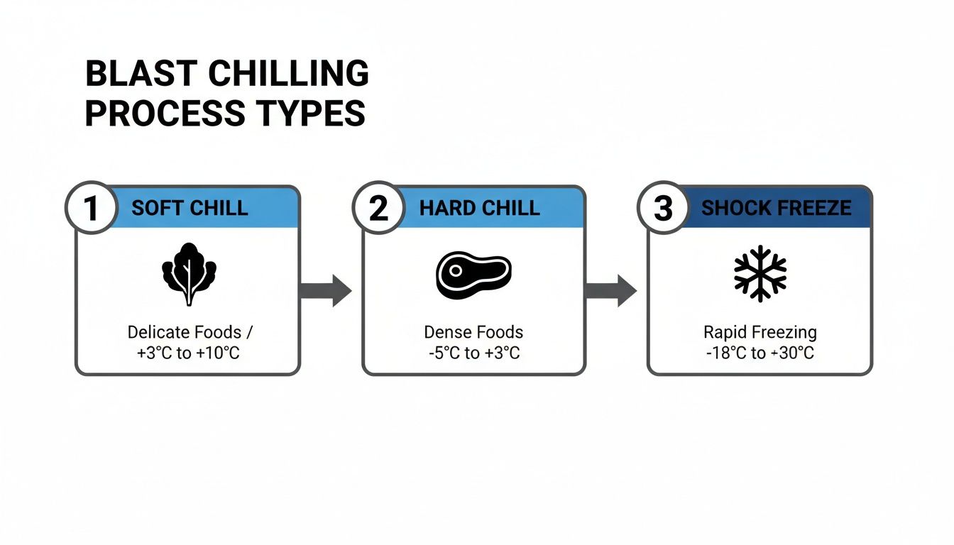 Infographic illustrating three blast chilling process types: soft chill, hard chill, and shock freeze.