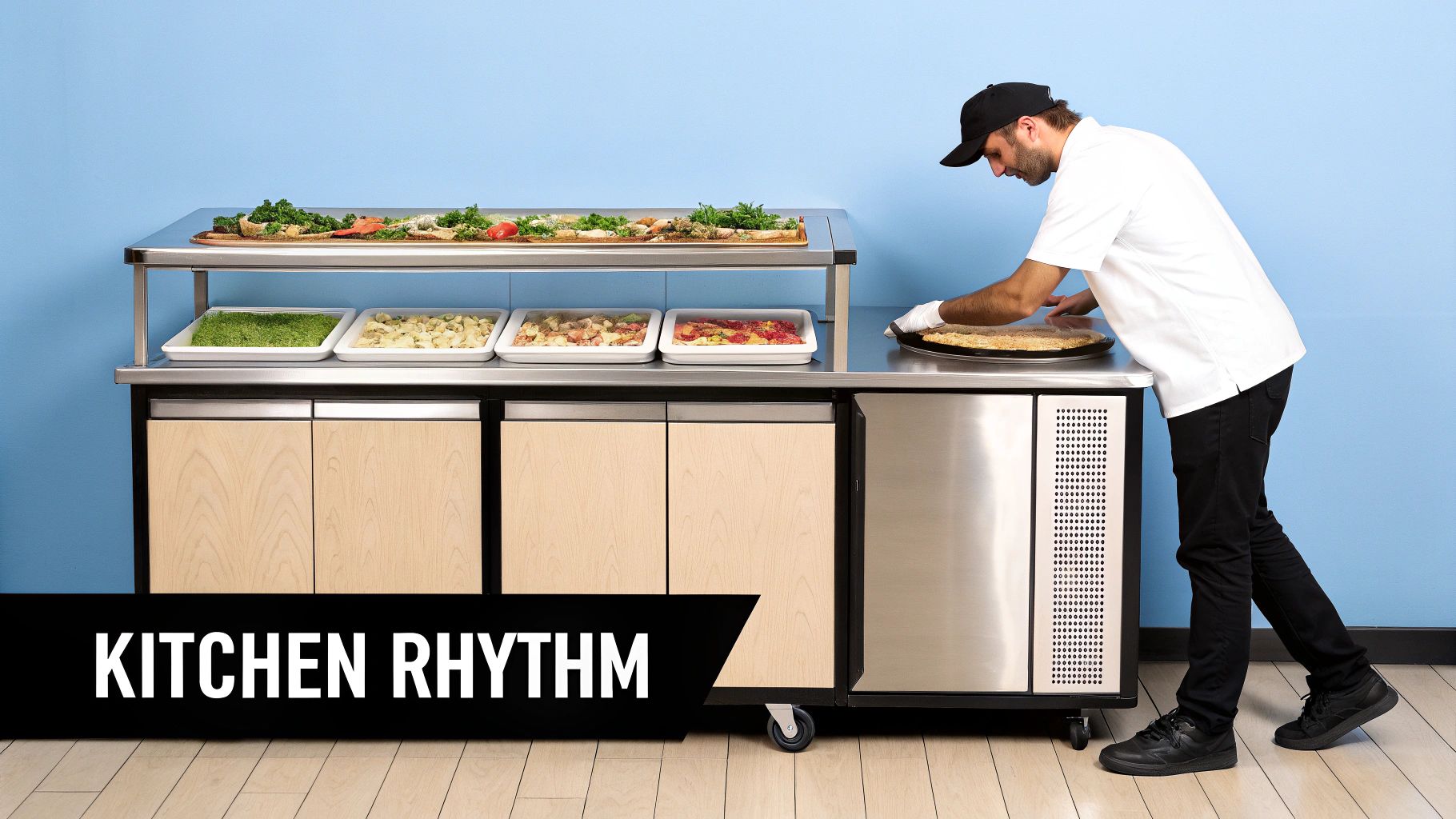 Chef preparing a pizza on a stainless steel undercounter refrigerated prep station with food display.