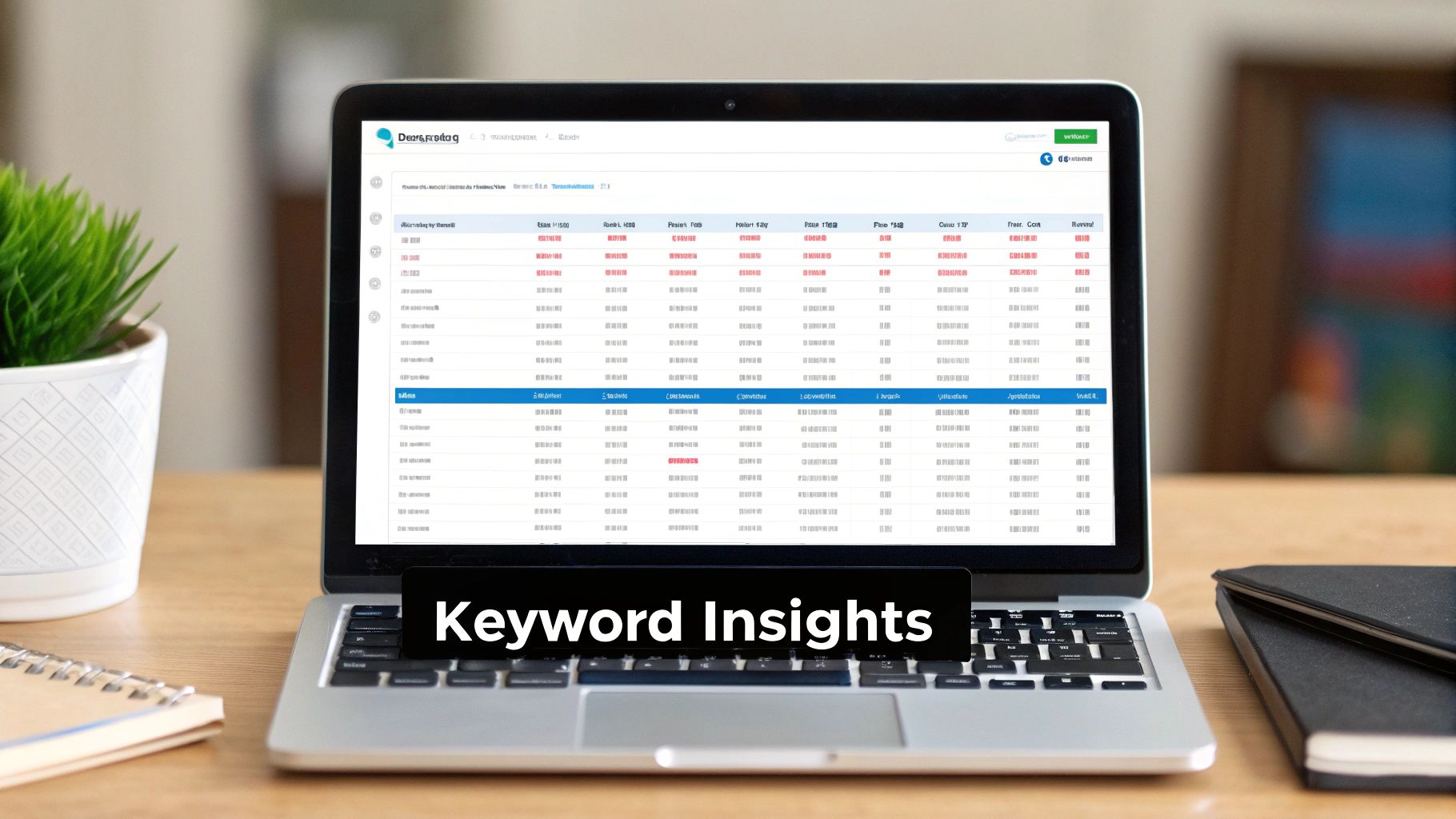 A laptop displays a 'Keyword Insights' dashboard with data tables, alongside a plant and notebooks.