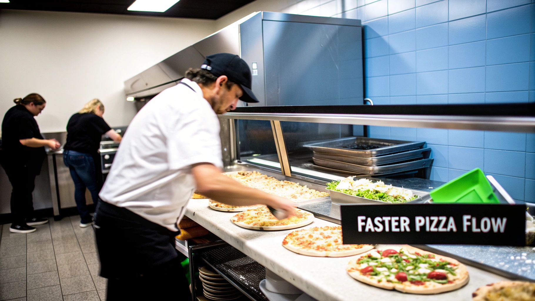 Chefs prepare various pizzas and salads on a cafeteria serving line with a 'Faster Pizza Flow' sign.