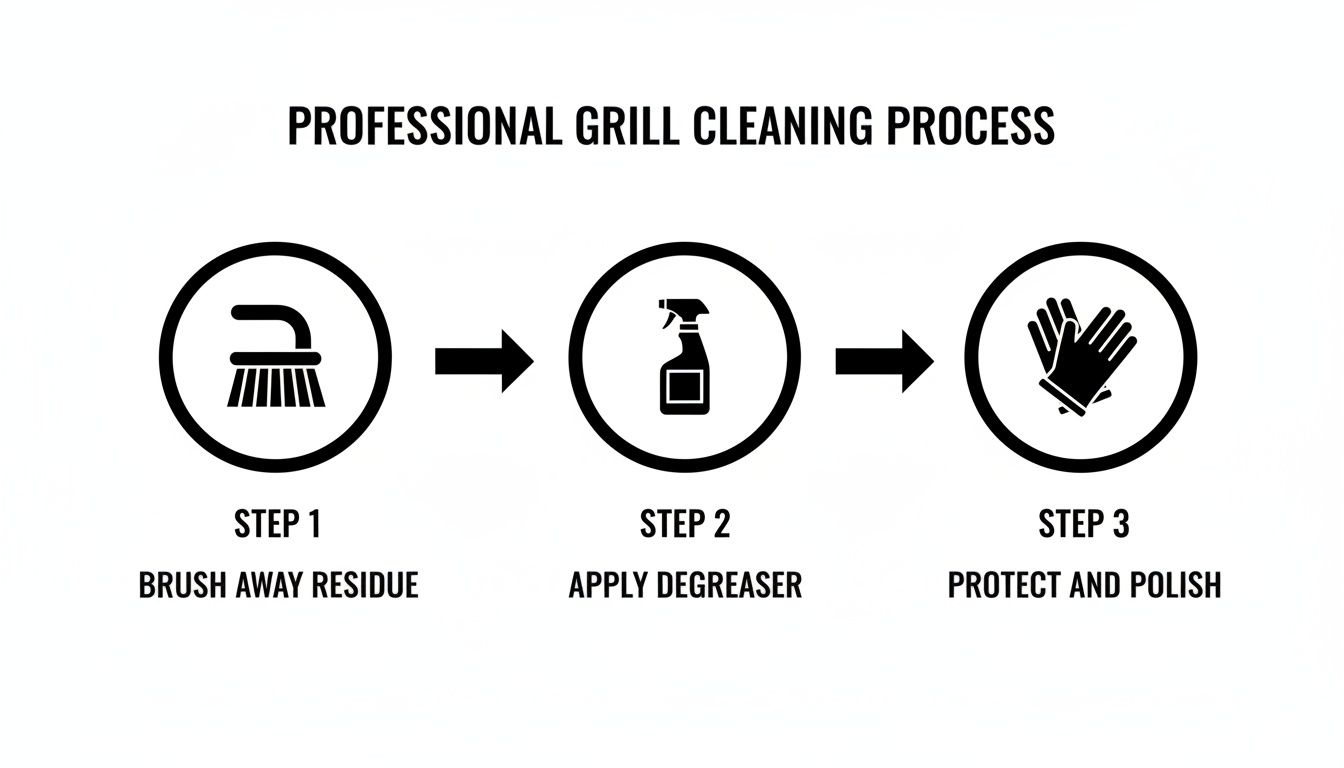A three-step professional grill cleaning process diagram illustrating brushing, degreasing, and polishing.