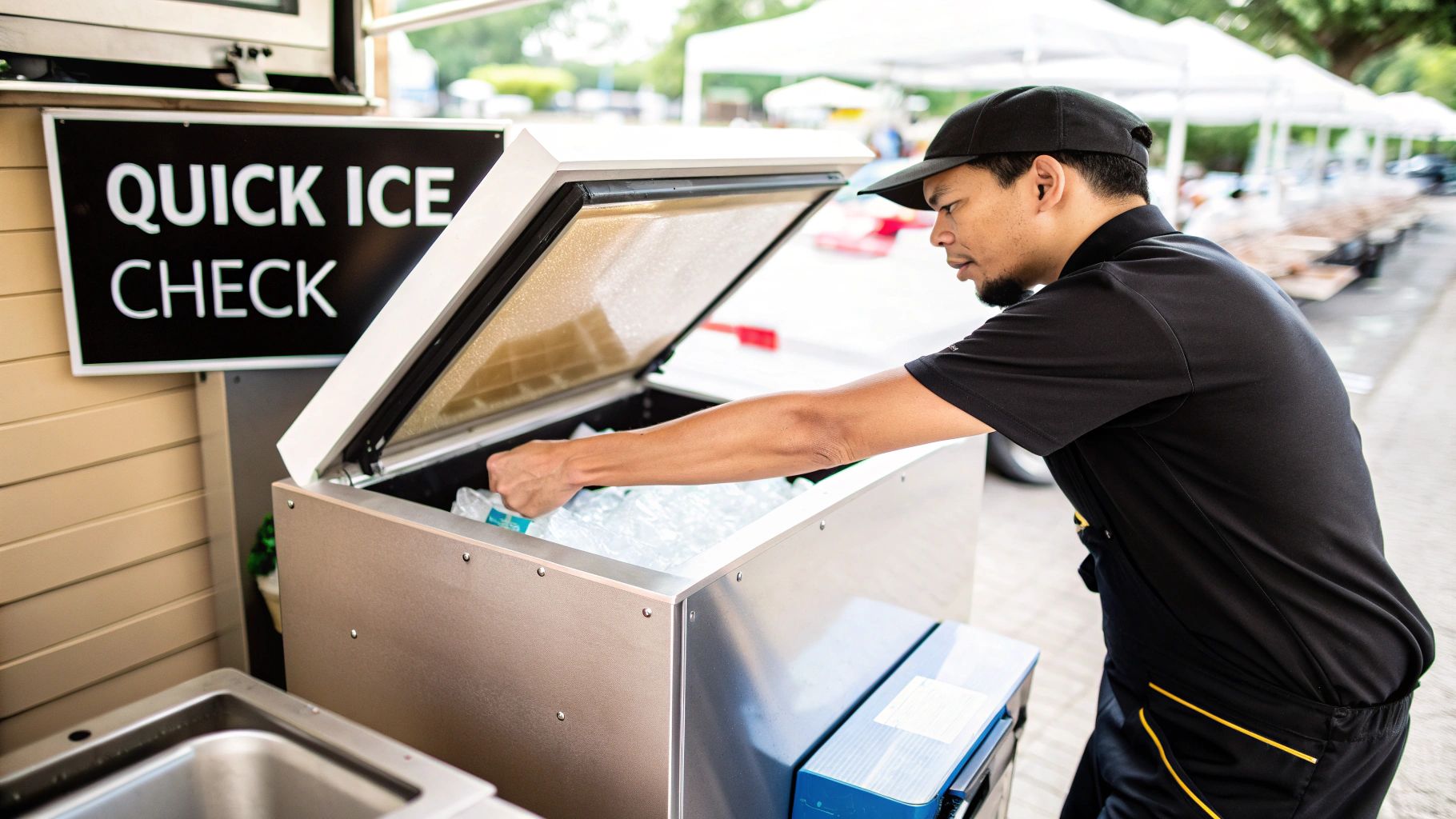 A man in a black cap and shirt opens an ice machine to check or retrieve ice.