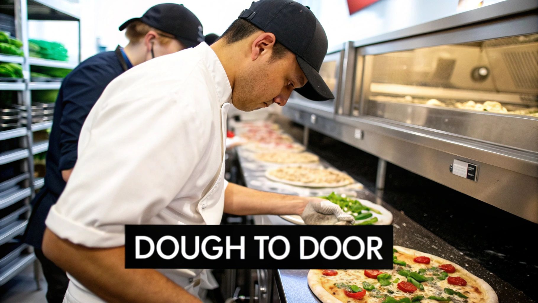 A pizza maker assembling a pizza on a stainless steel pizza prep table