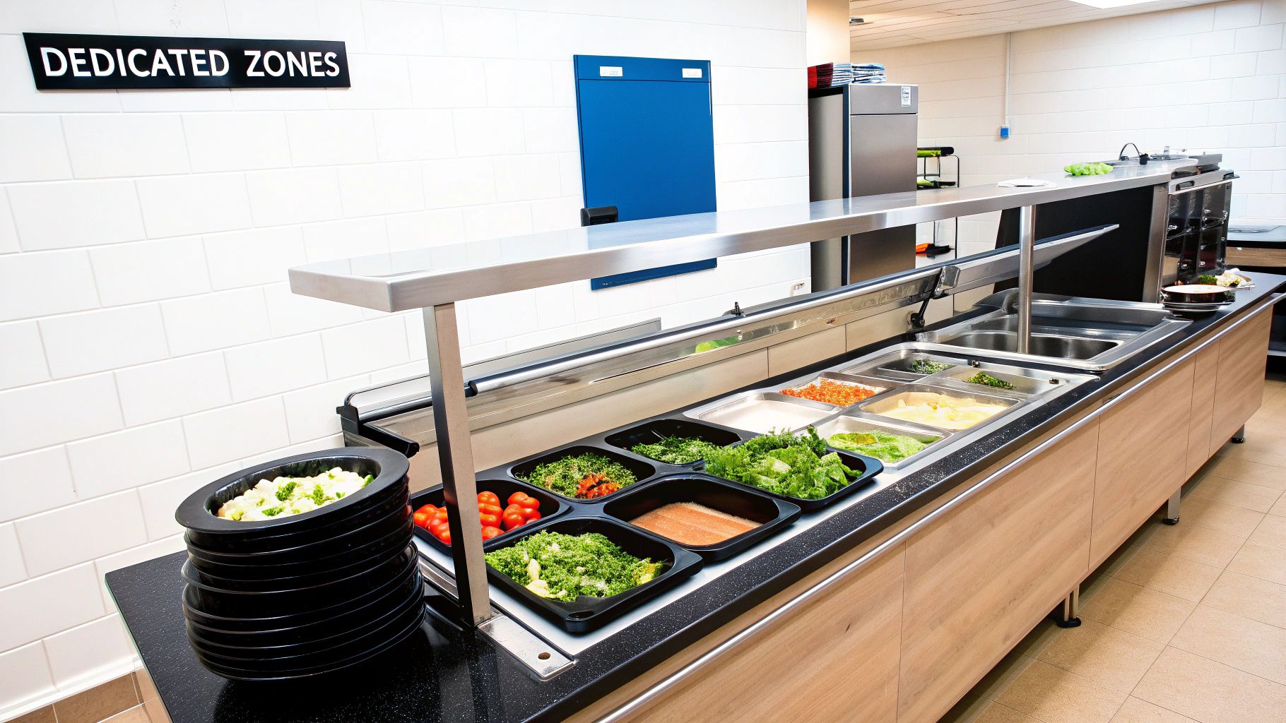 A clean cafeteria serving line with fresh salads, vegetables, and a salmon fillet in containers.