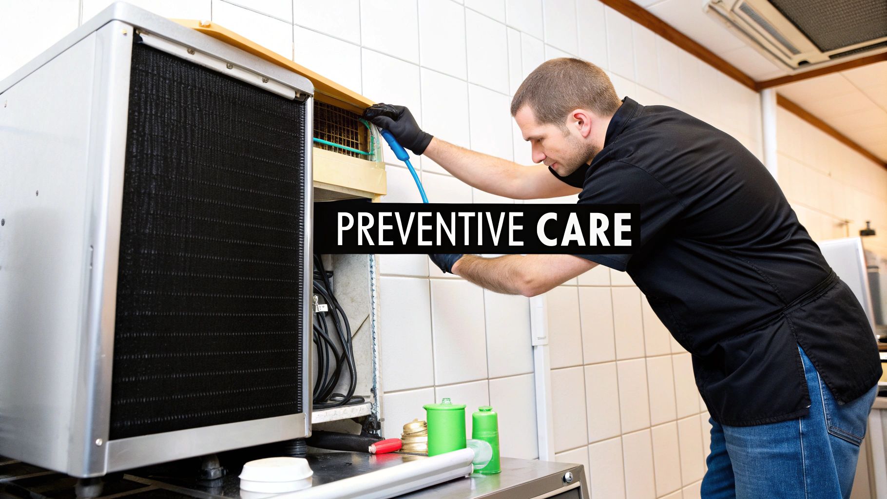 Technician performing preventive care and maintenance on a commercial refrigerator unit in a kitchen.