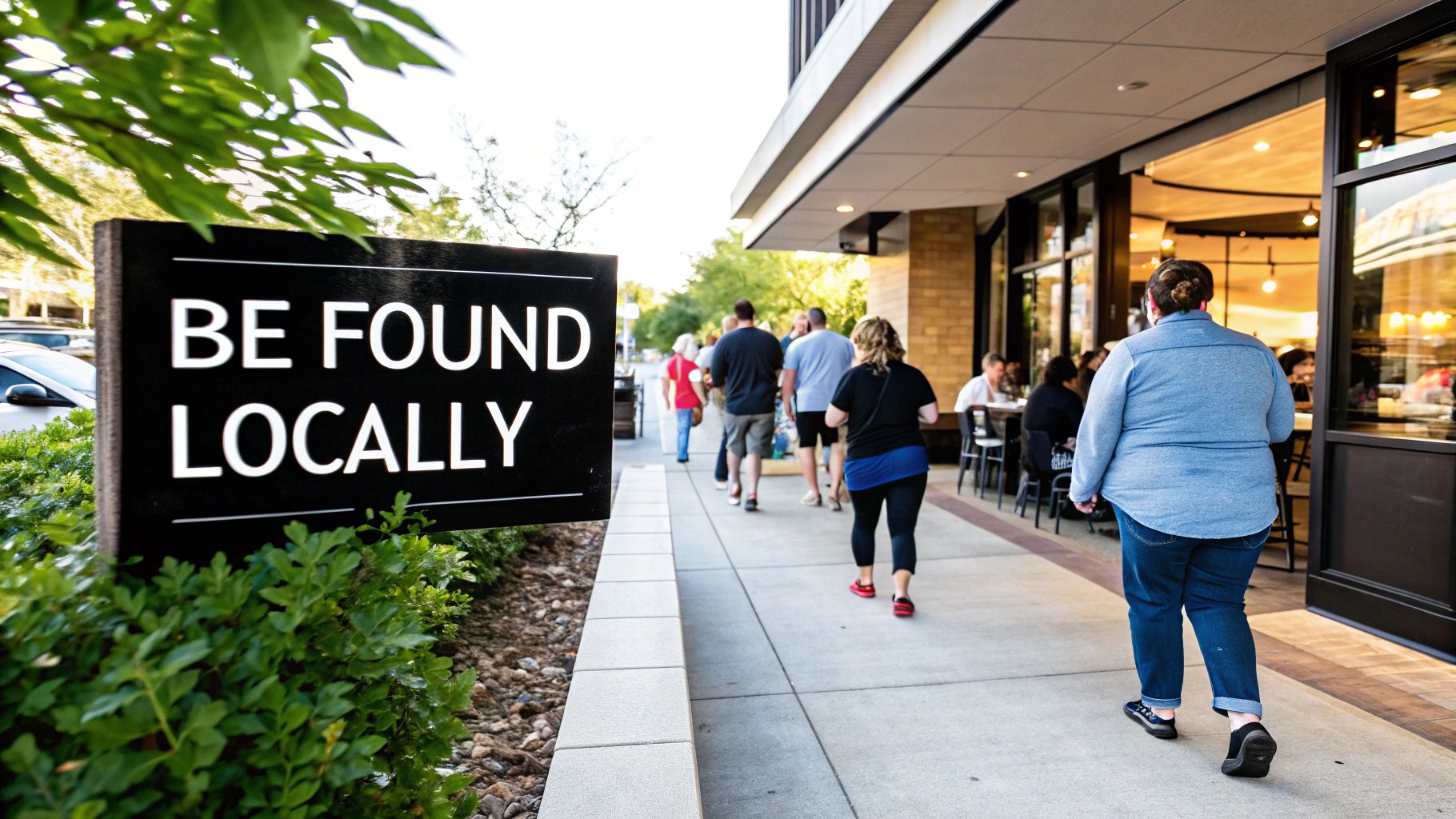 A black sign reading 'BE FOUND LOCALLY' stands by a busy street with people and shops.