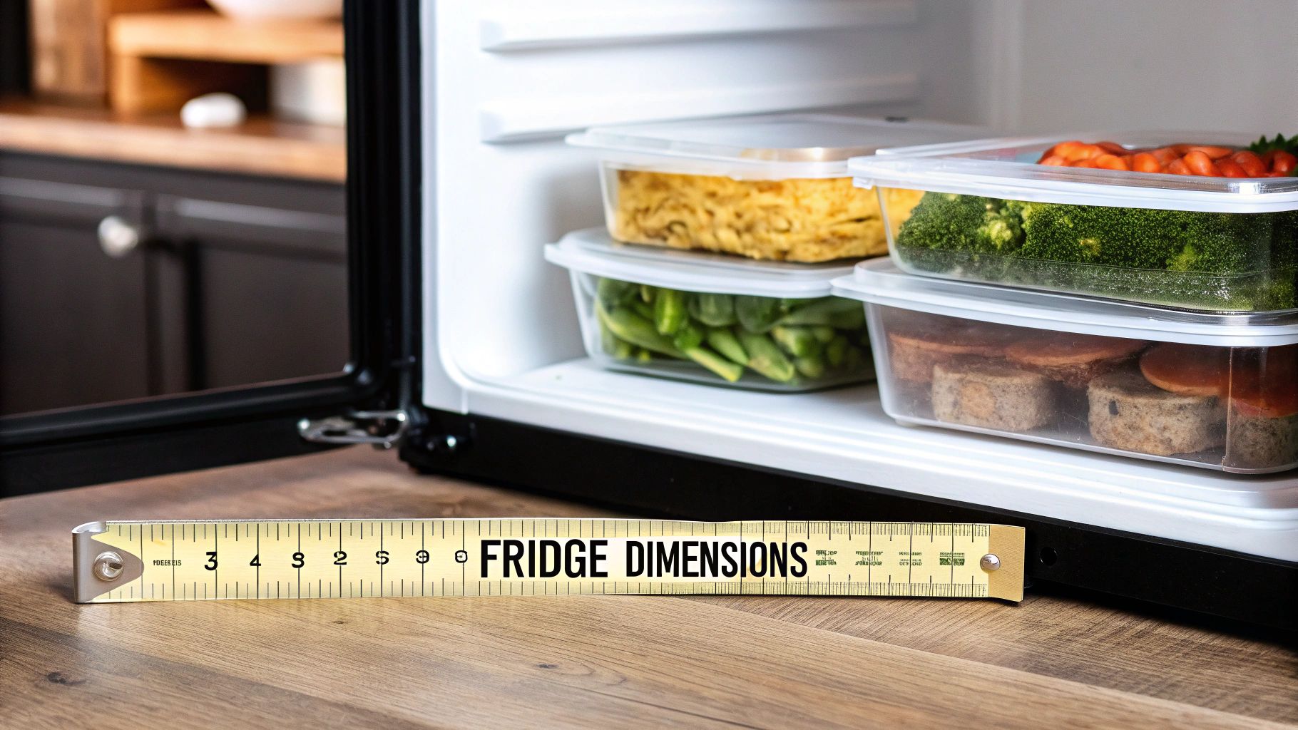 An open under-counter fridge filled with meal prep containers, with a measuring tape in front saying 'FRIDGE DIMENSIONS'.