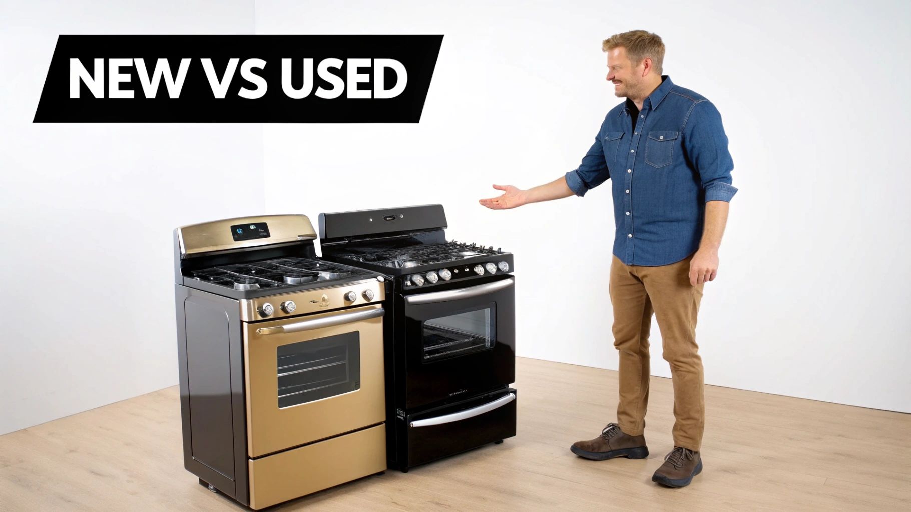 A smiling man presents two gas stoves, one gold and one black, under a 'NEW VS USED' banner.