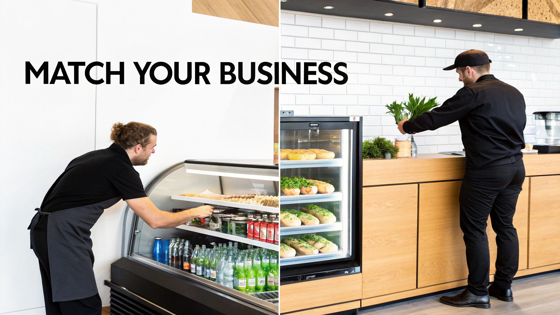Cafe staff stock display refrigerators with food and drinks in a modern business setting.