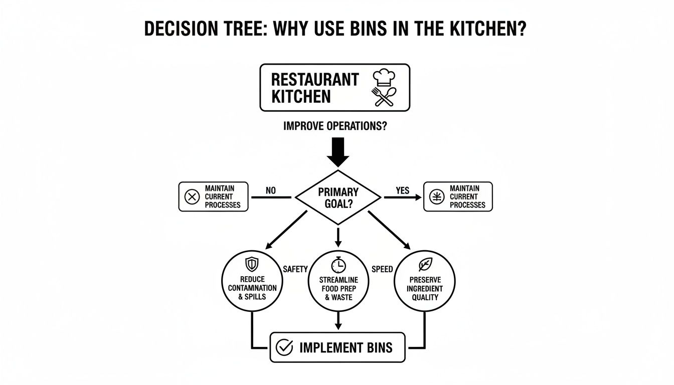 Decision tree illustrating reasons to use bins in a restaurant kitchen for safety, speed, and quality.