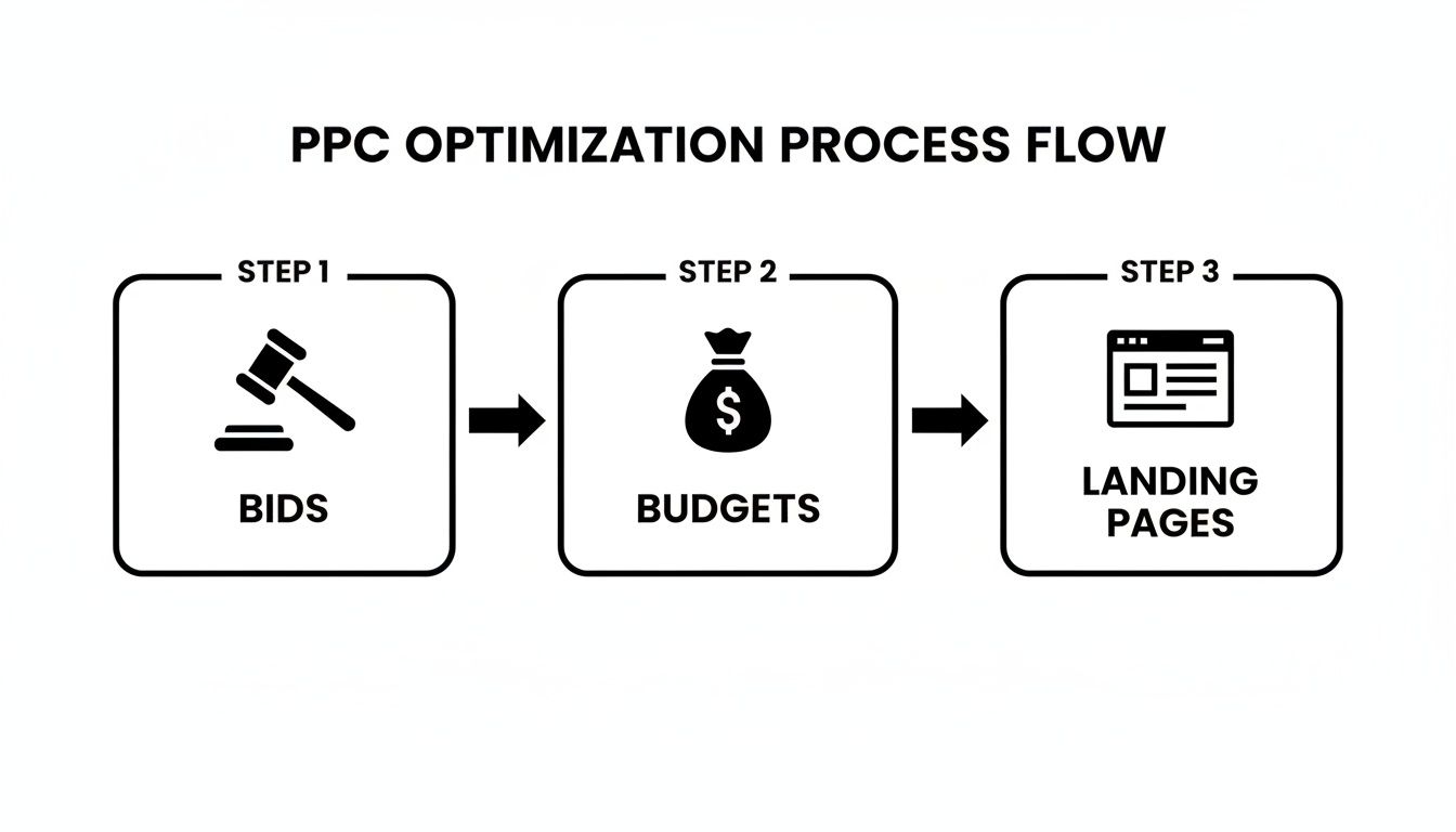 A flow chart illustrating the PPC optimization process, detailing steps for bids, budgets, and landing pages.